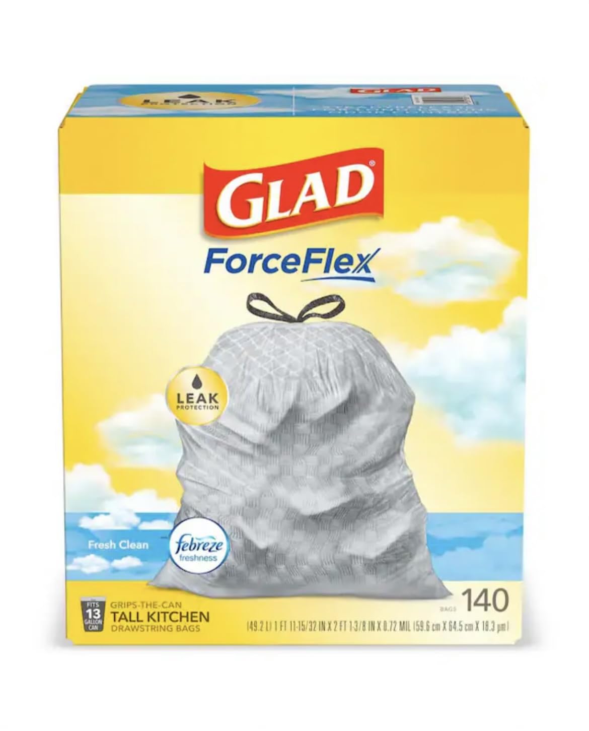 Glad ForceFlex Tall Kitchen Trash Bags, 13 Gallon, Gain Fresh Clean, 140 Count (Package May Vary)