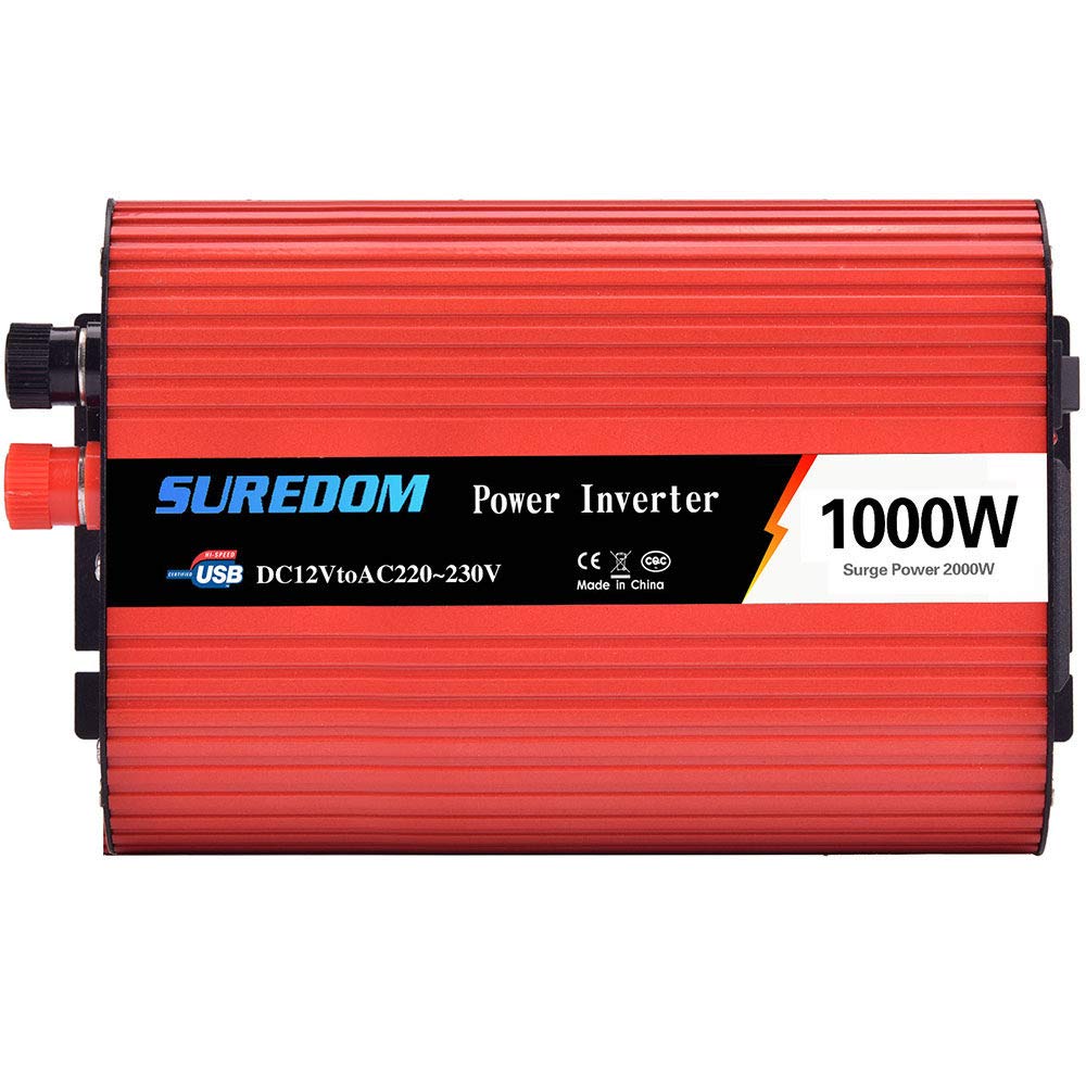 Falownik 1000 W DC 12 V do 110 V/240 V AC z uniwersalnym gniazdem, gniazdami AC i portem USB, kablem zapalniczki samochodowej i zaciskami akumulatora 12 V do 110 V (24 Vto230V)