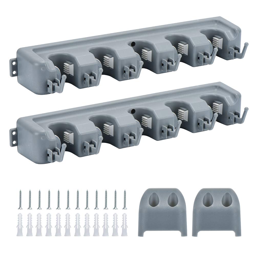 Paquete de 2 soportes para escobas de 16 pulgadas, organizador de almacenamiento de garaje con 5 estantes, 6 ganchos, herramienta de almacenamiento ajustable para montaje en la pared para Lanudry Garaje Cocina Jardín 5