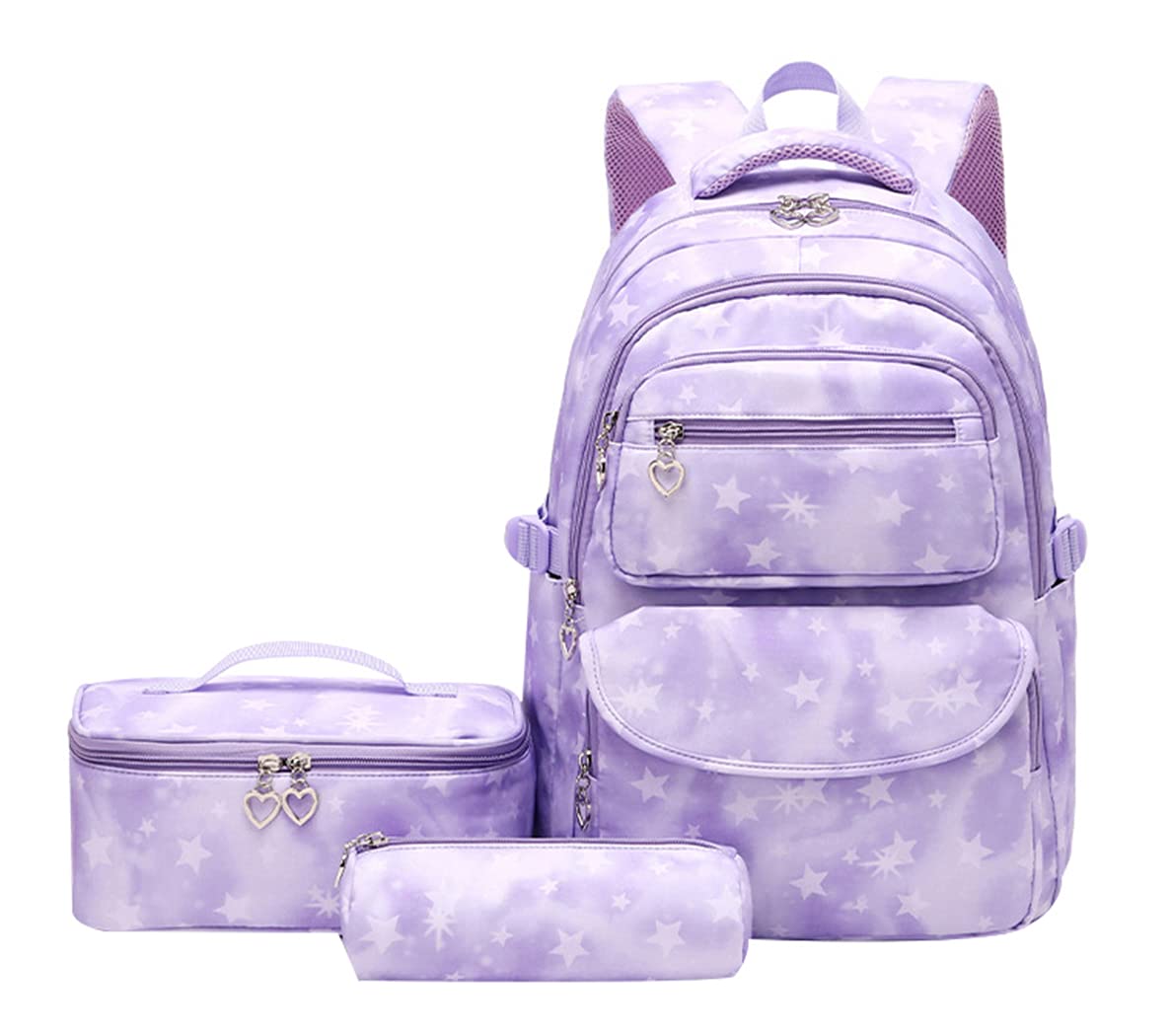 JiaYou School Backpack Sets 3pcs Stars Prints Daypack For Teens Girls Primary School Students(Purple Stars,22 Liters)