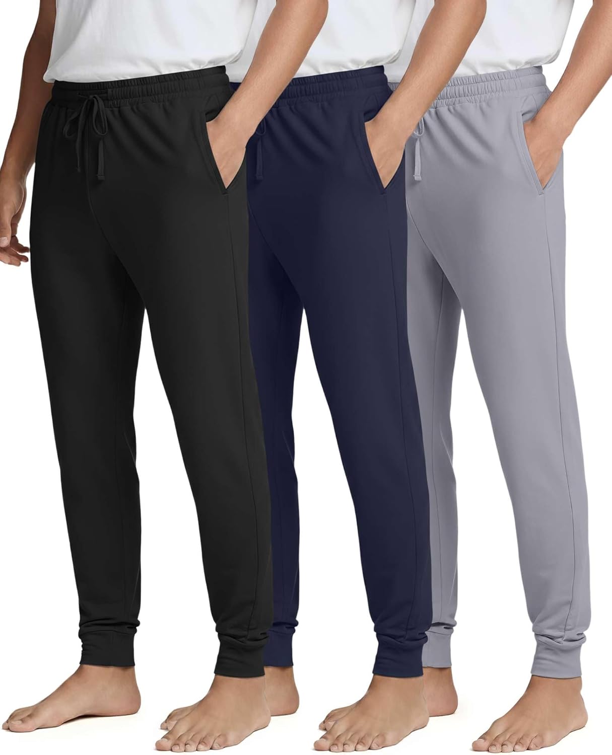 Real Essentials 3 Pack: Men's Soft Lounge Sleep Joggers - Pajama Pants Drawstring & Pockets (Available in Big & Tall)