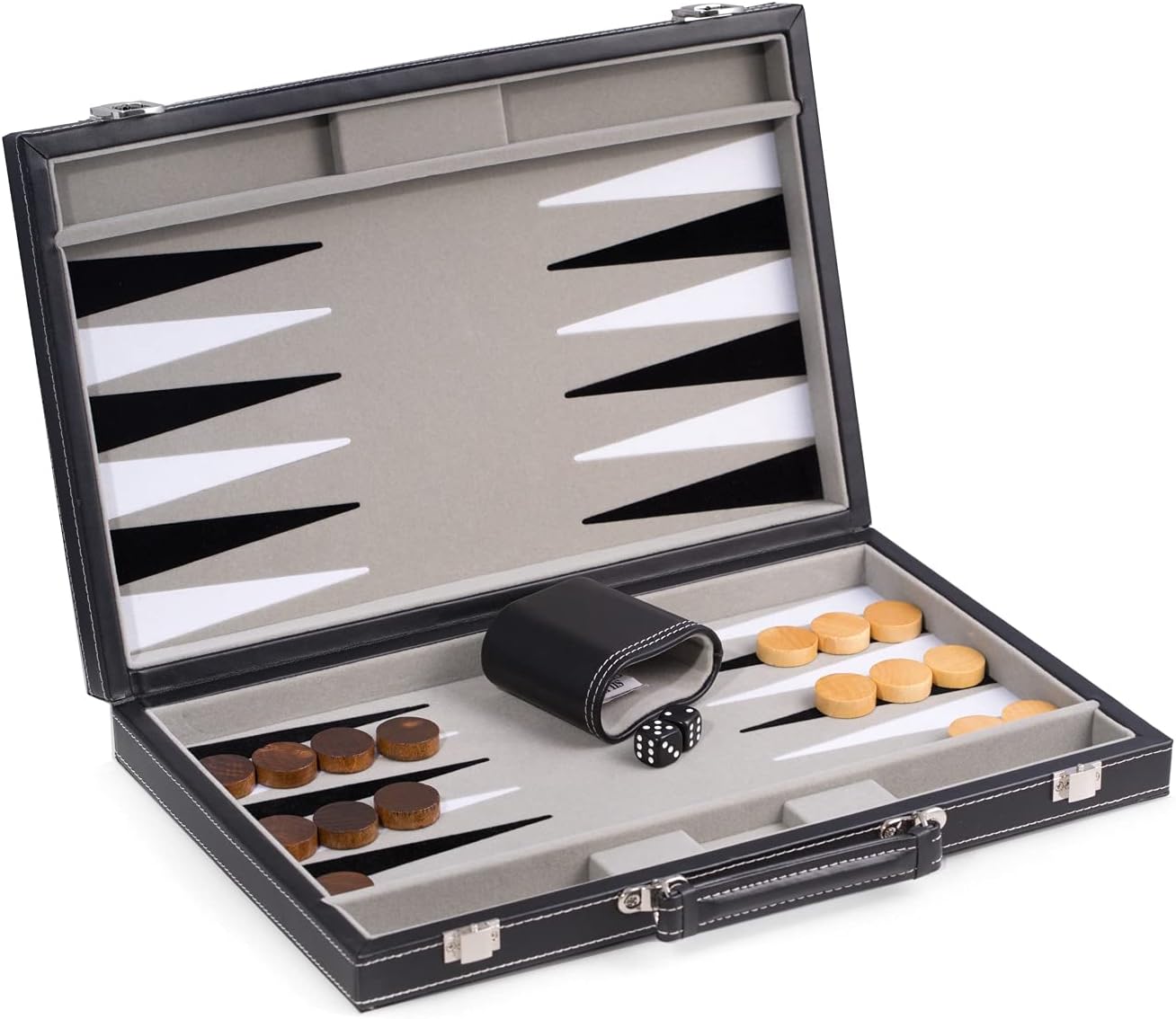 15" Backgammon Set Black Leatherette with Chrome Accents and Felt Interior Lined