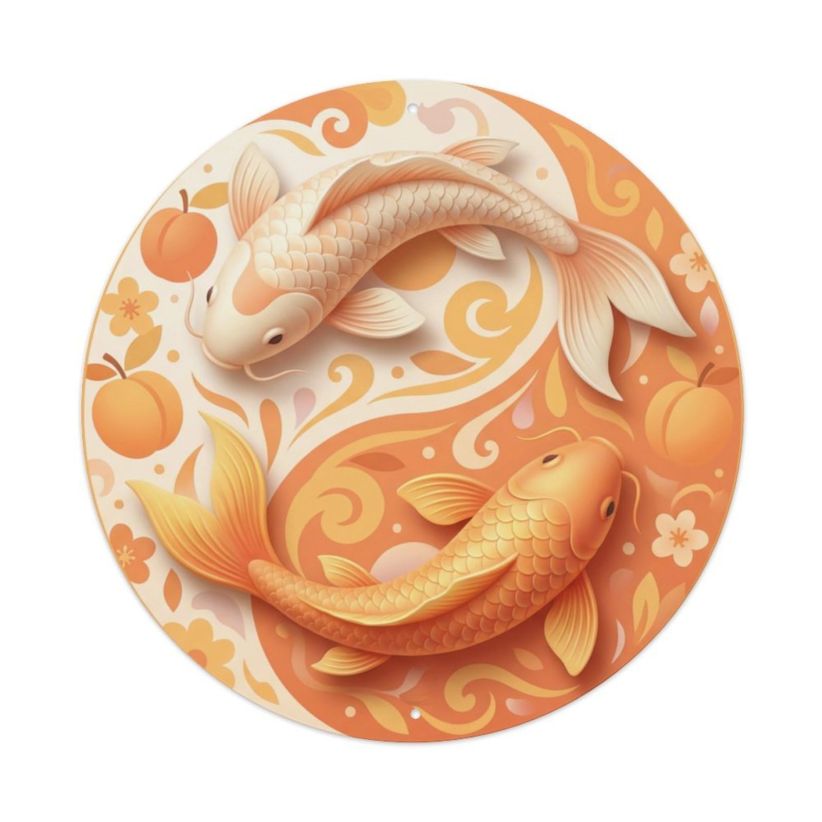 Metal Tin Sign Tai Chi Koi Fish Apricot Orange