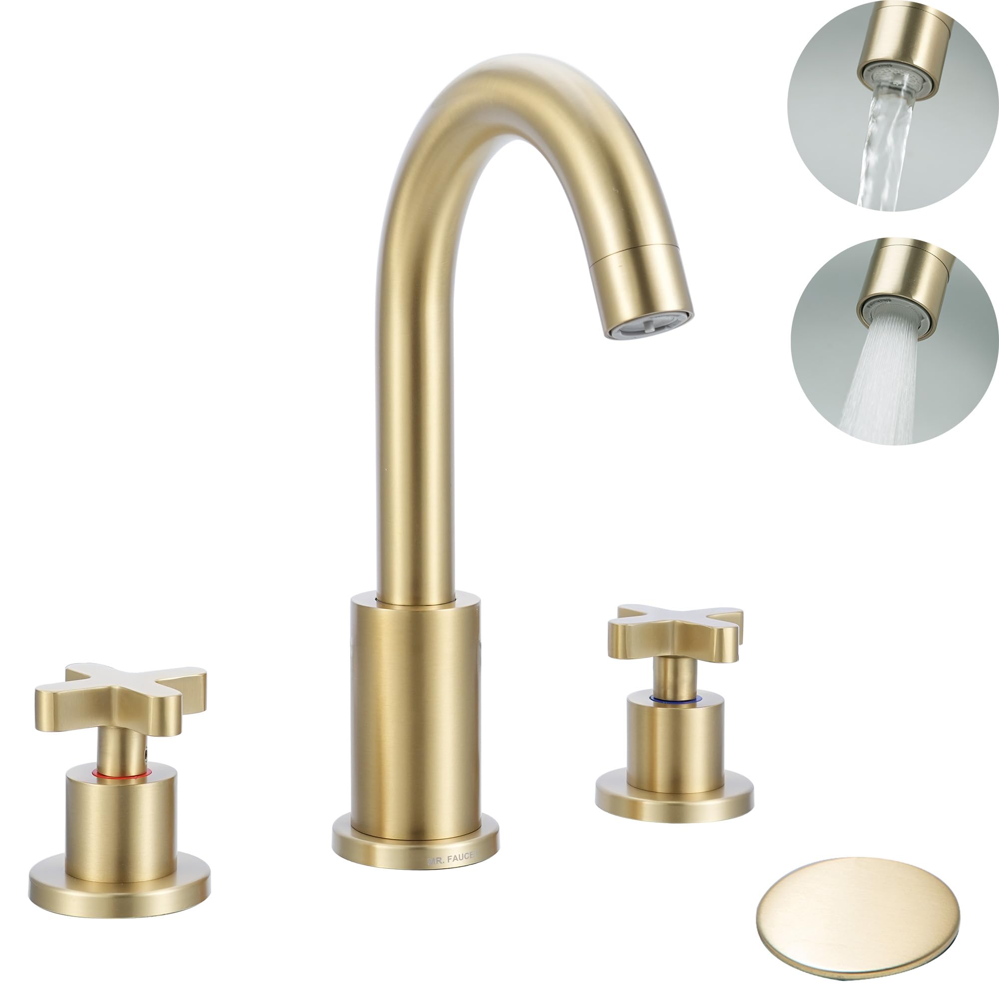 2 Cross Handle Gold Bathroom Sink Faucet Inset Dual Function Aerator Sprayer Spout Easy to Clean Scale with