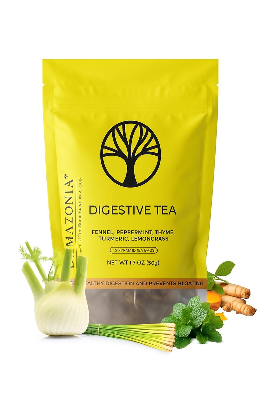 D’Amazonia Digestive Tea | Award Winner | 100% Natural Herbal | 10 Ingredients, Turmeric, Fennel and Peppermint – Pack of 15 Pyramid Tea Bags | Digest Tea