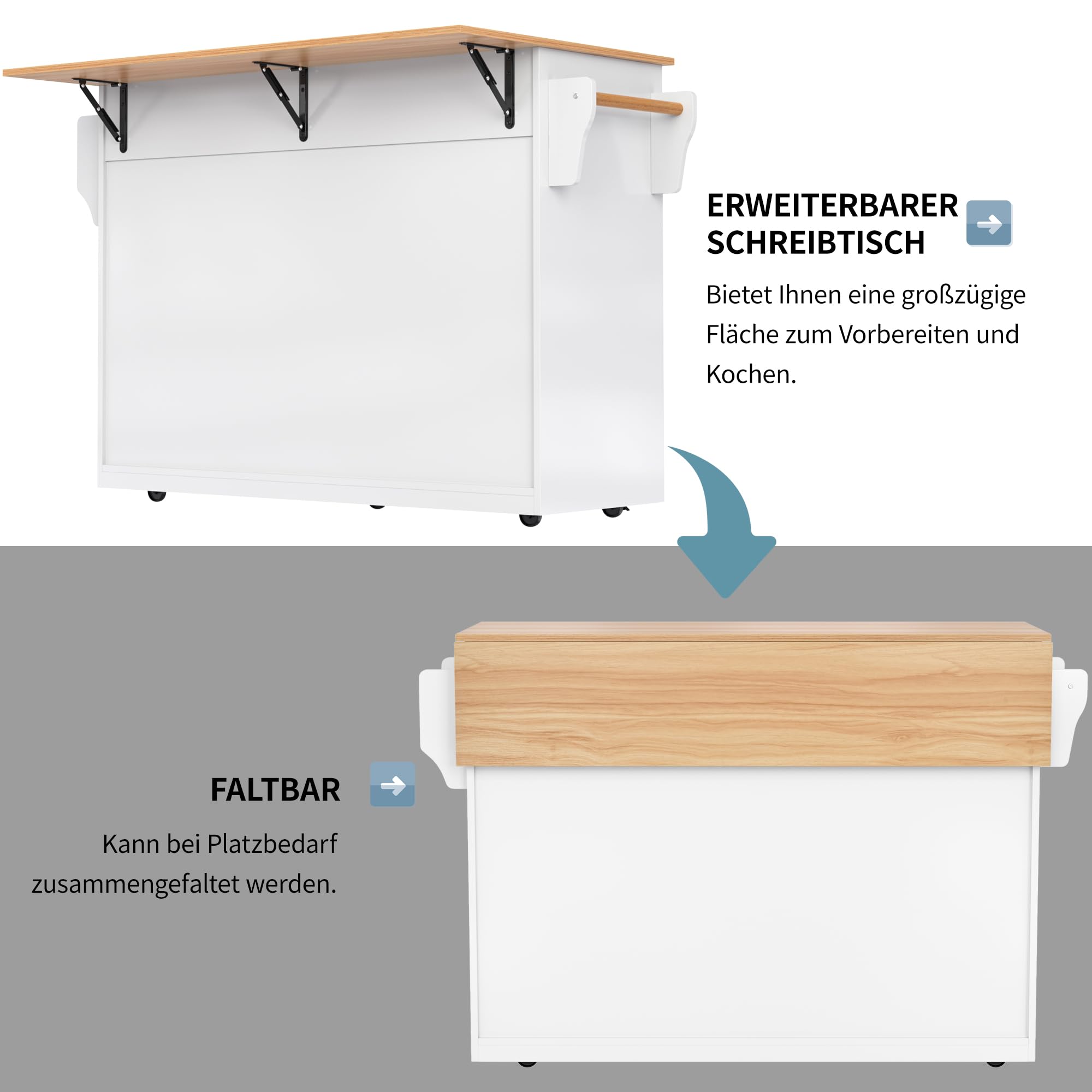 Isola da cucina autoportante con rotelle, 120 x 46 (70) x 91 cm, armadio bianco, piano pieghevole e gambe rimovibili, perfetto per cucina e sala da pranzo per riporre e preparare