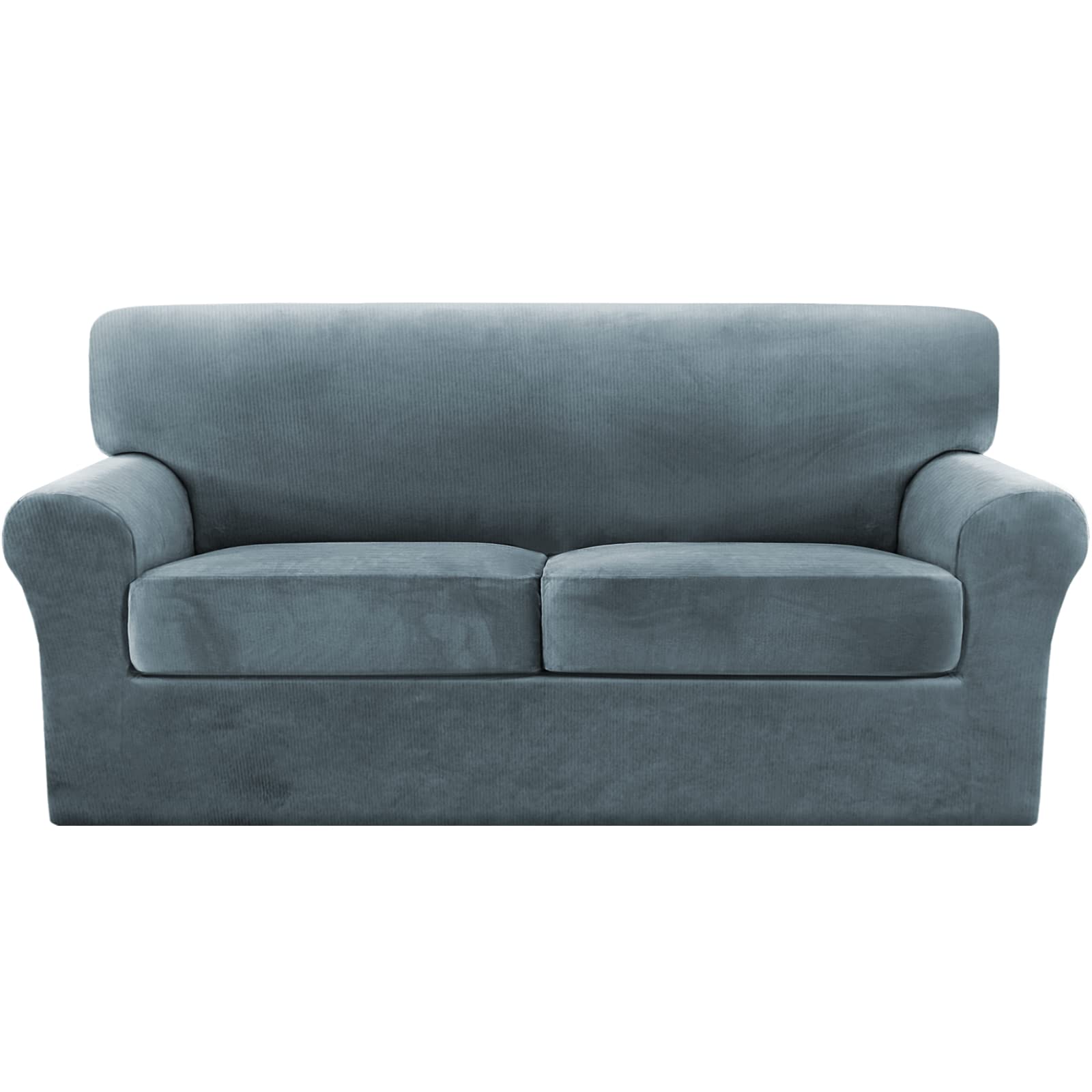 Thick Striped Velvet 3 Piece Stretch Sofa Covers Couch Covers for 2 Cushion Couch Sofa Slipcovers (Base Cover Plus 2 Large Cushion Covers) Feature Soft Stay in Place(2 Cushion: 72"-88", Stone Blue)