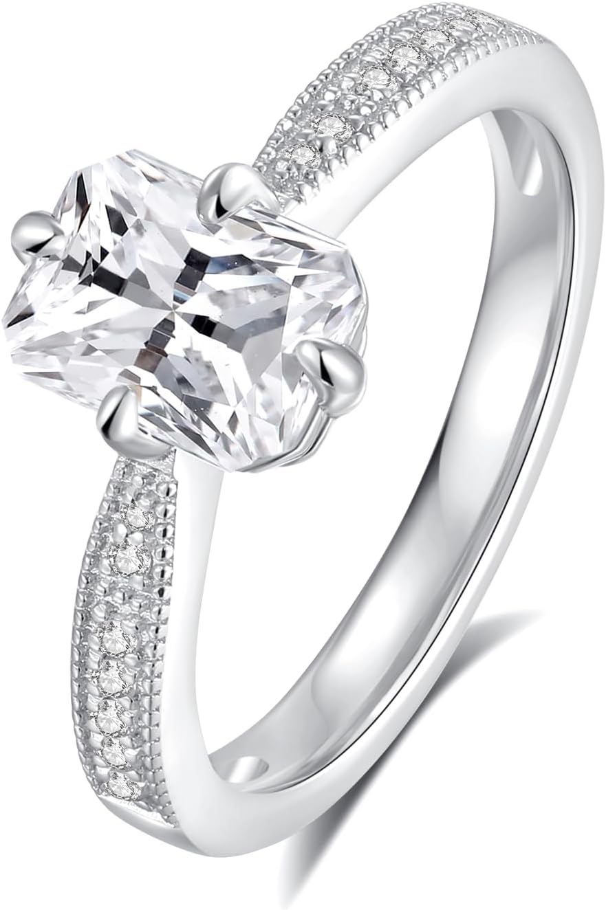 Moissanite Engagement Rings for Women D Color VVS1 Clarity Brilliant Emerald Cut S925 Sterling Silver Promise Rings for Her Women Gifts