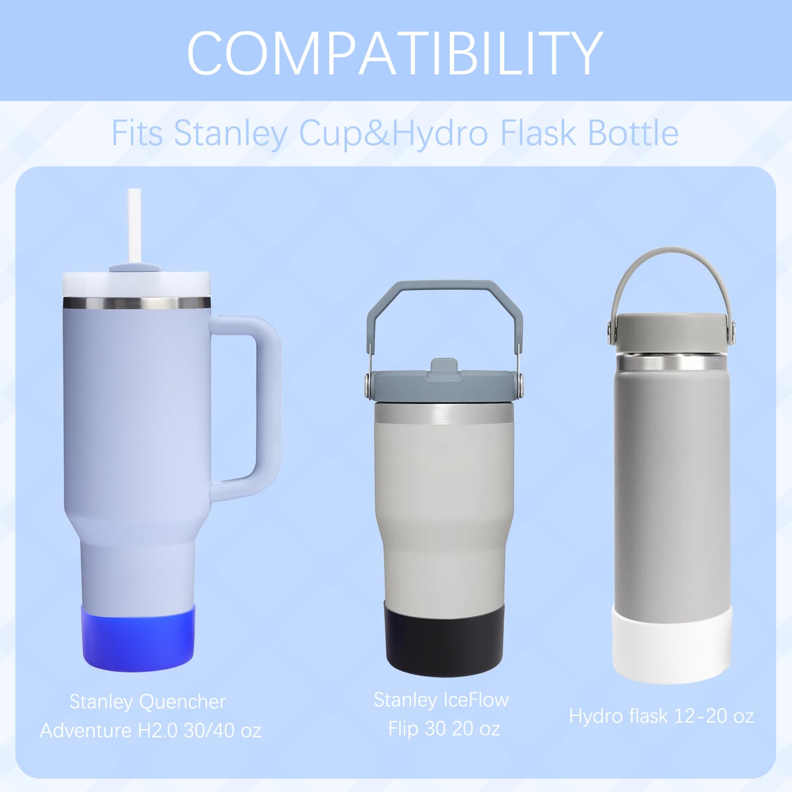 Zestaw 6 silikonowych mankietów ochronnych do kubków Stanley, silikonowych miseczek, ochrona podłogi, Quencher Adventure 40oz, IceFlow 20oz, Hydro Flask 30oz (biały, czarny, niebieski)