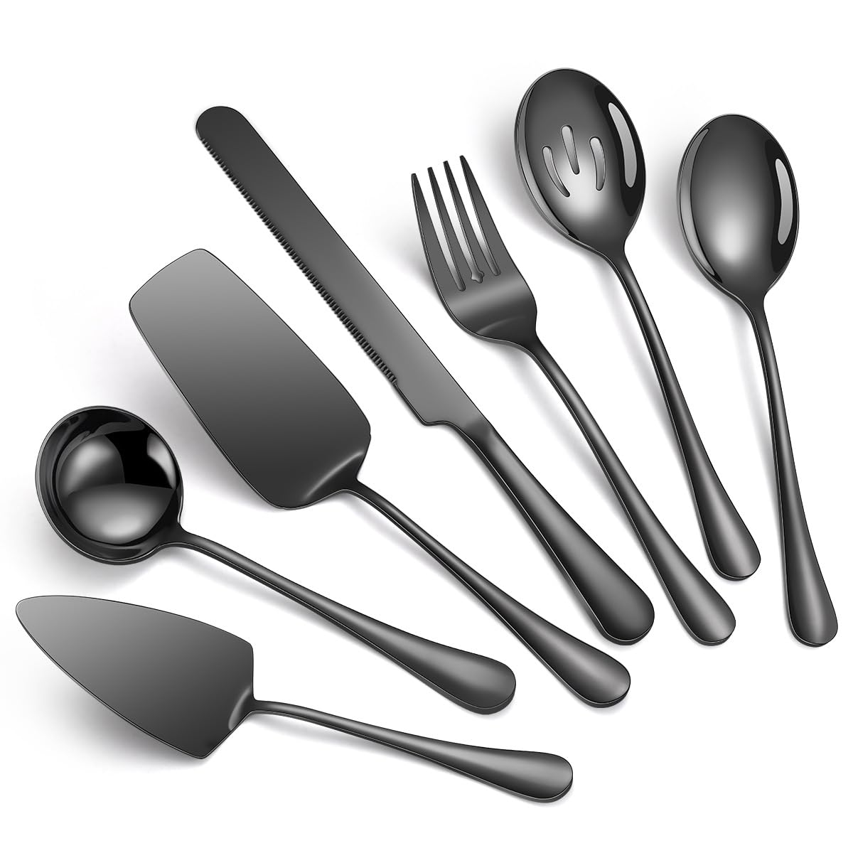 Silberbesteck-Set, Edelstahl, 30 cm (Messer, Gabel, Löffel), inklusive Tortenheber, für Gastronomie und Hotelbedarf. Schwarz, 6-teilig.