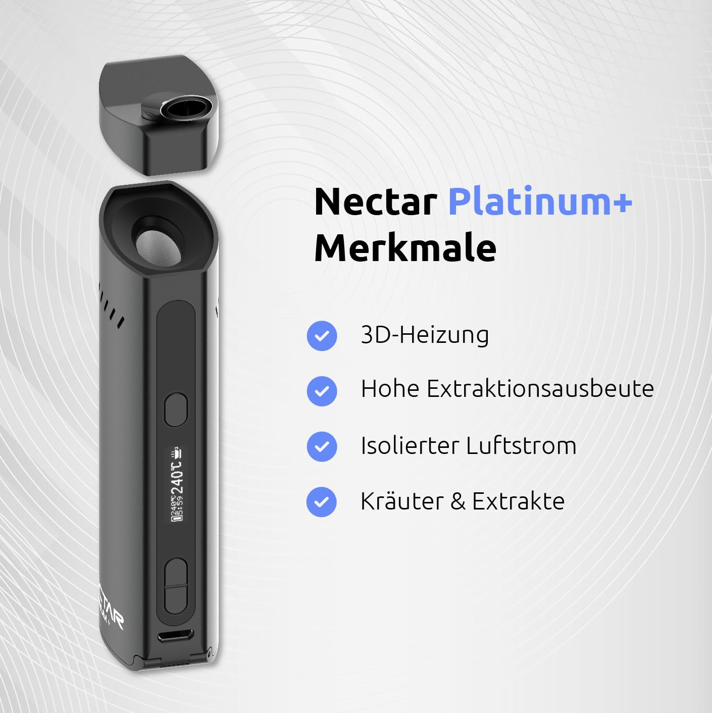 Nectar Platinum+ Vaporizer für Kräuter und Extrakte | 3 Jahre Garantie | 3 D Heiztechnik mit 10-Session Batterie, Präzise Temperaturregelung, Einstellbarer Luftstrom, Keine Kunststoffteile