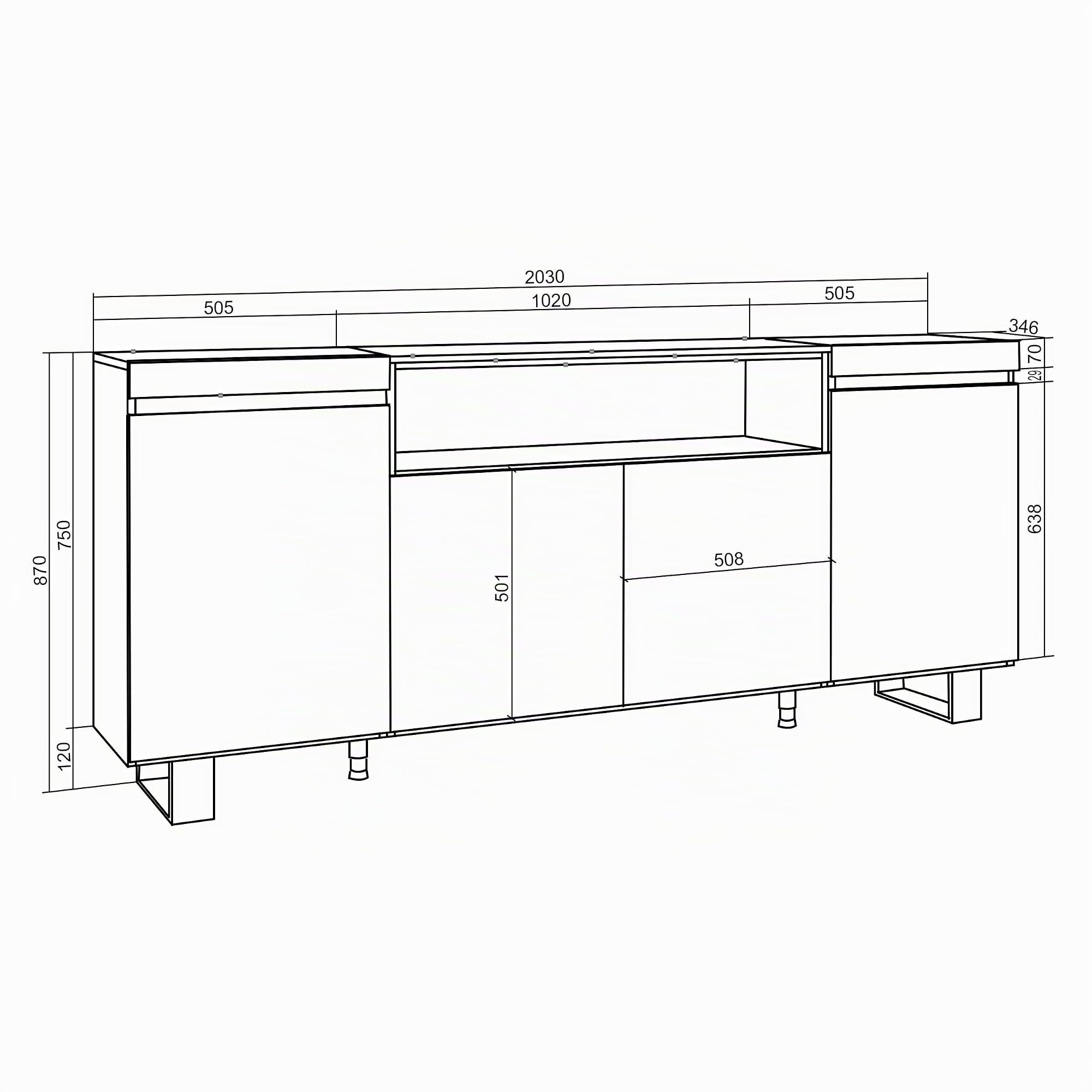 Skraut Home | Aparadores para salón | Gran Capacidad de almacenaje | 200x87x35cm | 4 Puertas | Diseño Industrial | Estilo Moderno | Roble y Negro