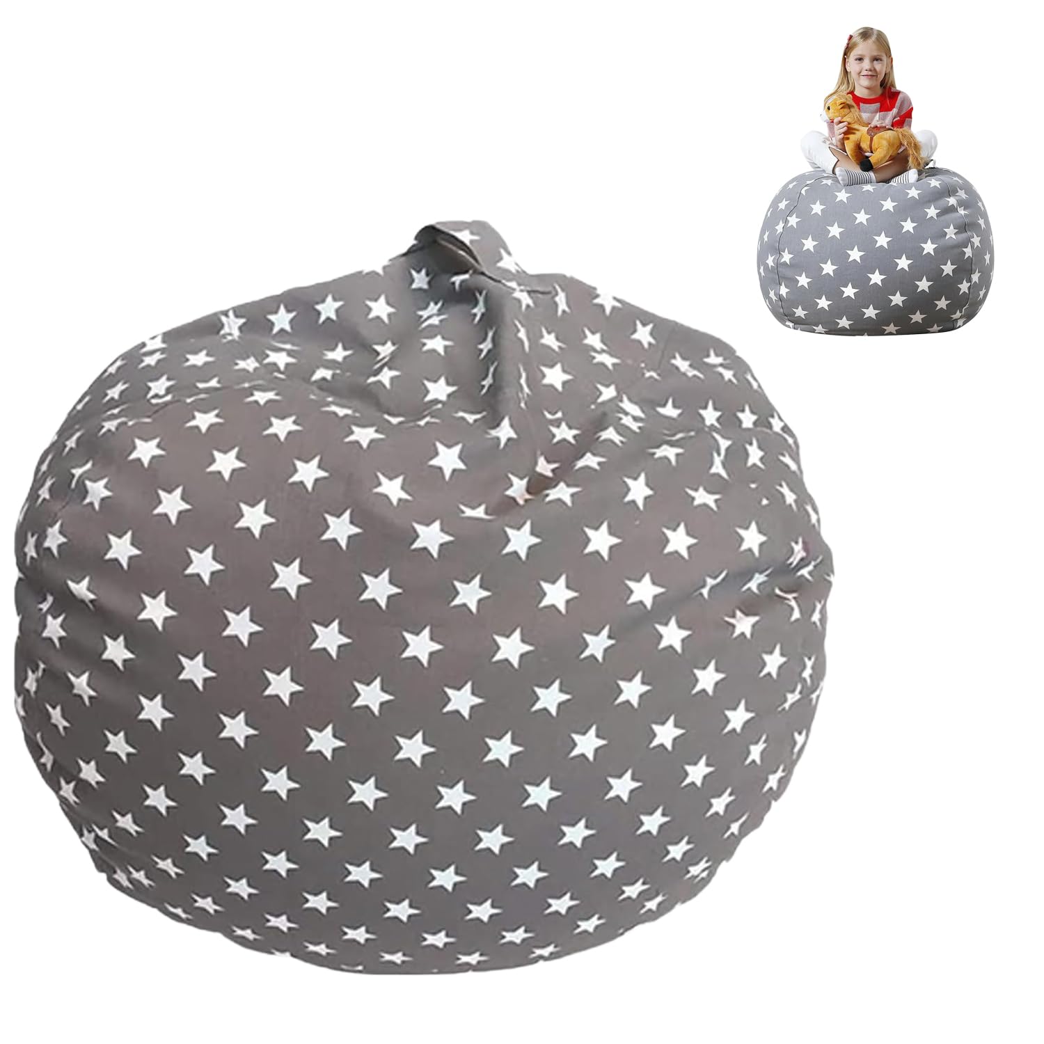 Bolsa Almacenamiento Juguetes Felpa, Lona Bolsa De Frijoles Rellenable, Puffs Plegable para Niños, Grande Bolsa Puff para Guardar para Organizar Juguetes, Ropa (Estrellas Grises, 22 Pulgadas)