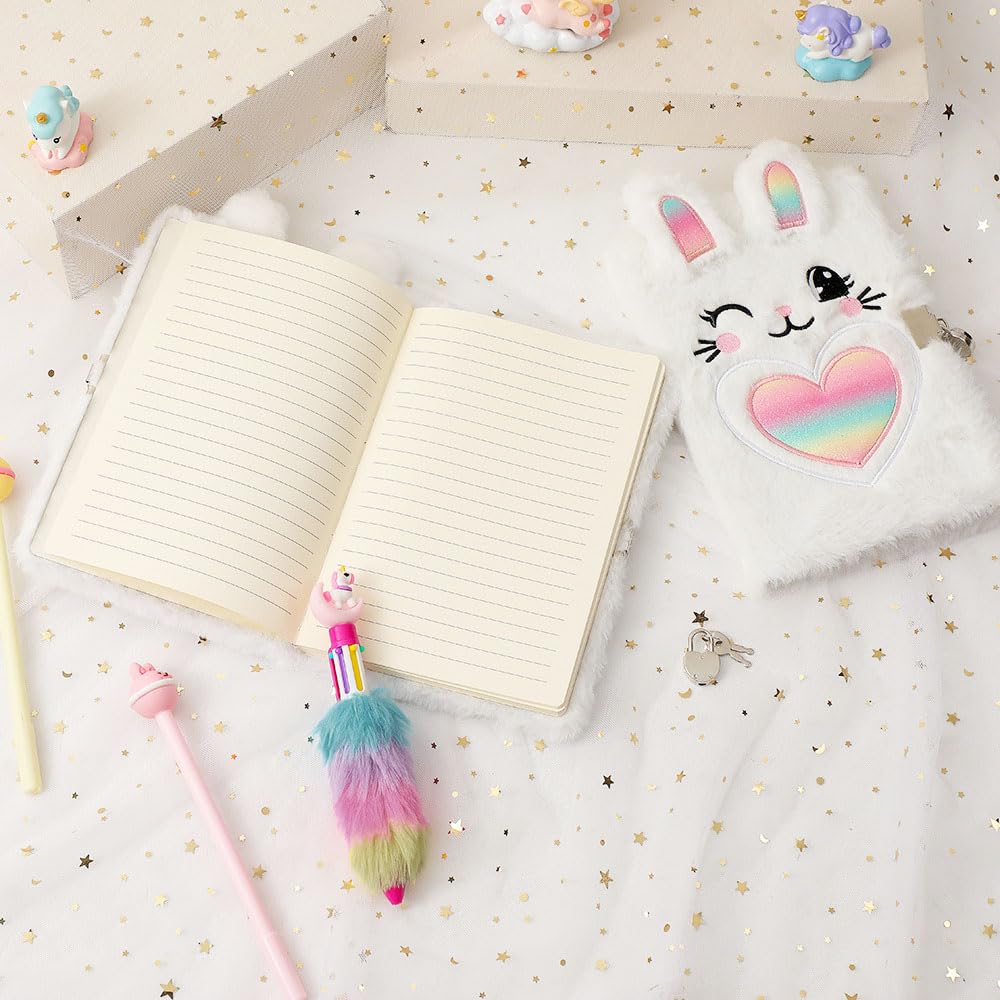 Belegao Rabbit Diary with Lock for Girls Fluffy Journal with Lock Keys Purse and Pen Secret Diary for Kids Home School Travel Writing Notebook Plush Rabbit Rainbow Heart - Image 2