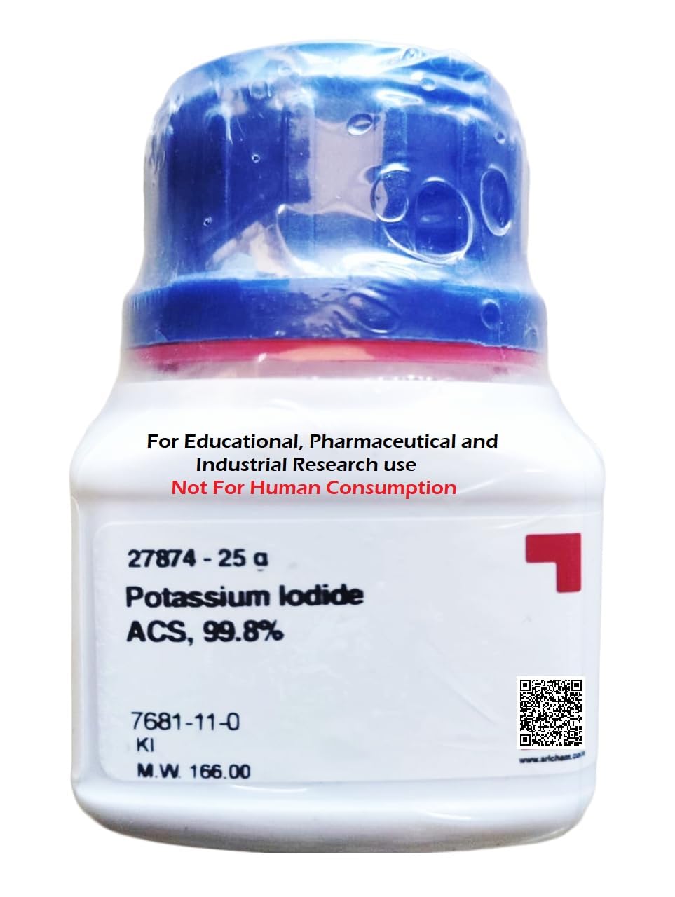 SRL Potassium Iodide extrapure 25GM ACS Grade, 99.8% Purity (CAS 7681-11-0), Molecular Formula KI, Shelf Life : 60 Months,Storage : Room Temperature, for laboratory work.