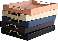 Vista 9 de HofferRuffer Bandeja de servir rectangular de cuero sintético plato decorativo con asas de metal dorado para mesa de café, desayuno, té, comida