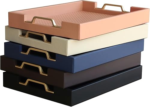 Miniatura 9 de HofferRuffer Bandeja decorativa rectangular de piel sintética con asas de metal dorado para mesa auxiliar, desayuno, té, alimentos, encimera,