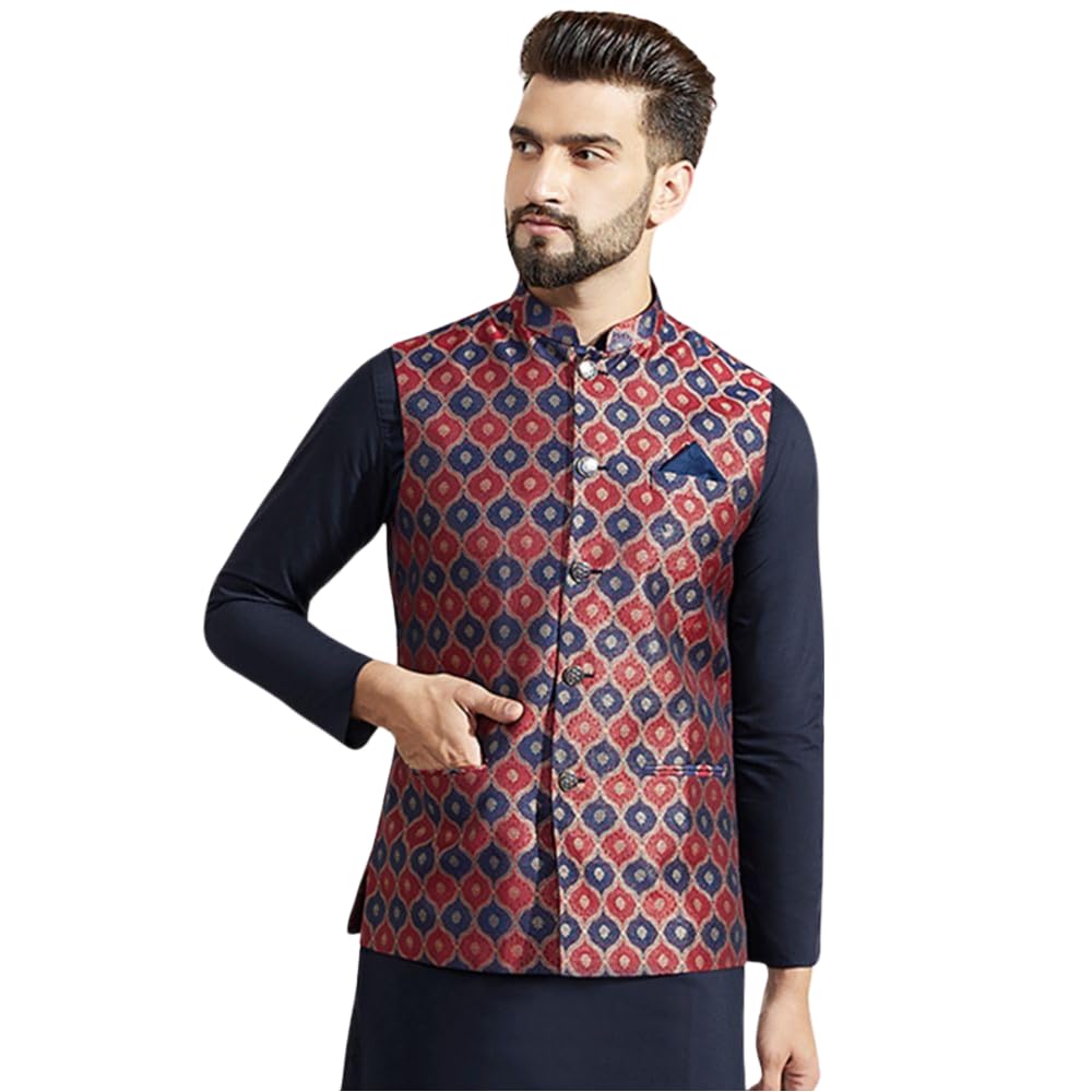 Men's Nehru Jacket, Red Silk Blend, Woven Design Regular Fit Mandarin Collar Sleeveless (S)-image-27