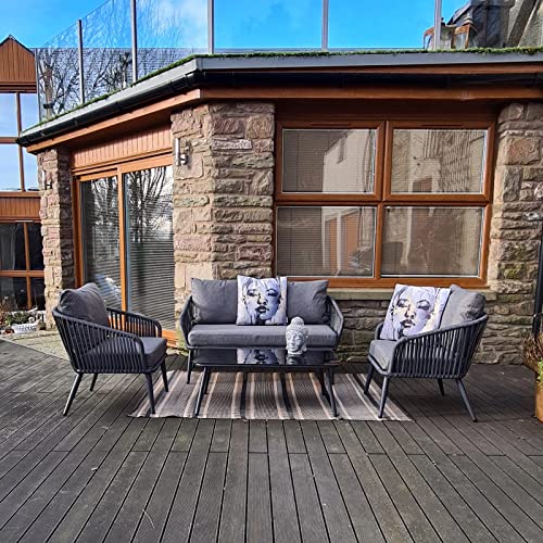 Image of DEVOKO 4 Seater Sofa Outdoor Conversation Patio Garden Rope Furniture Set with Cushion and Center Table for Garden, Balcony, Poolside (Grey)
