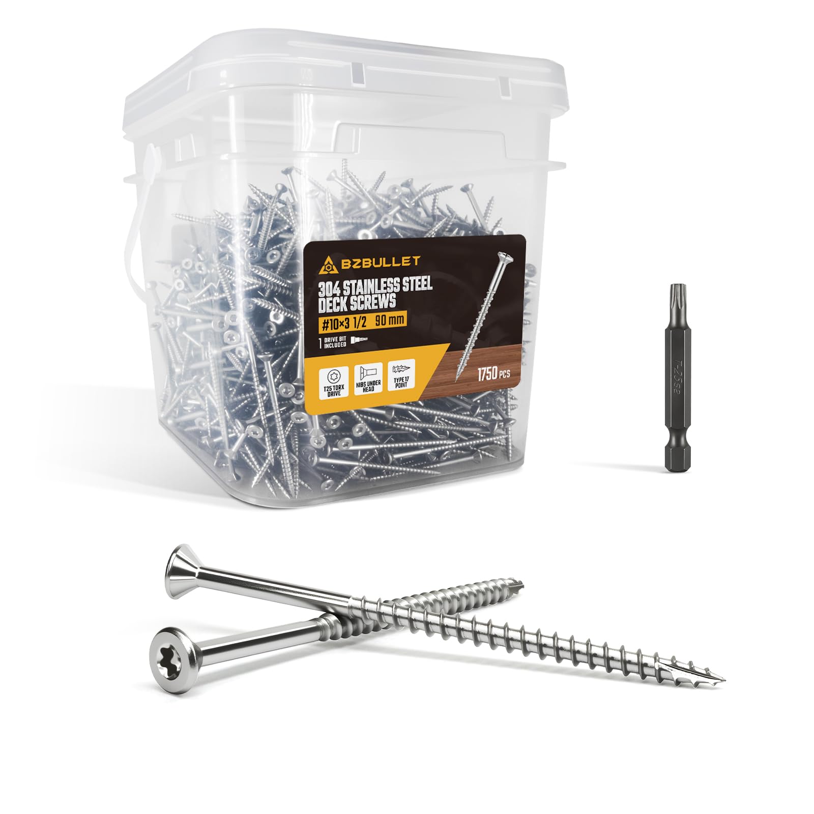 Tornillos de acero inoxidable 304 #10 × 3 1/2 pulgadas, tornillos de madera, cabeza plana T25 Star Drive, punta de taladro tipo 17 con una broca de estrella T25 gratis para todas las
