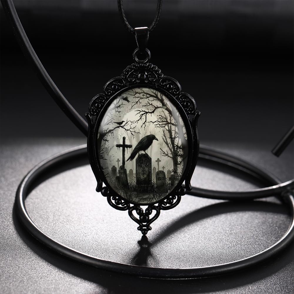YWMAN Goth Raven Cameo Necklace Set Vintage Gothic Crow Cross Pendant Halloween Witch Costume Accessories Women Chocker Jewelry Gift - Image 3