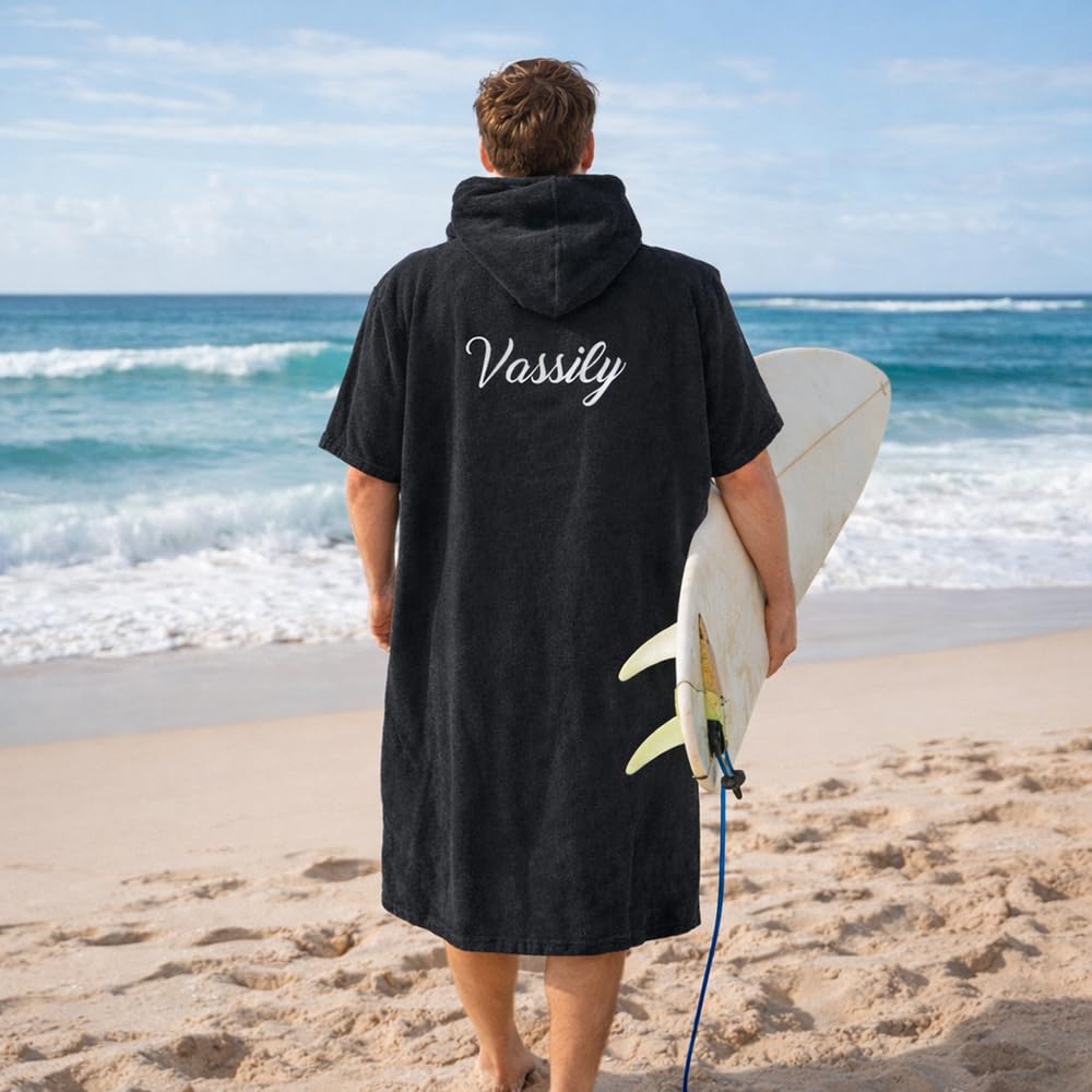Poncho de Bain personnalisé avec Un prénom, Un Texte. Adulte et Enfant (S/M, Noir)