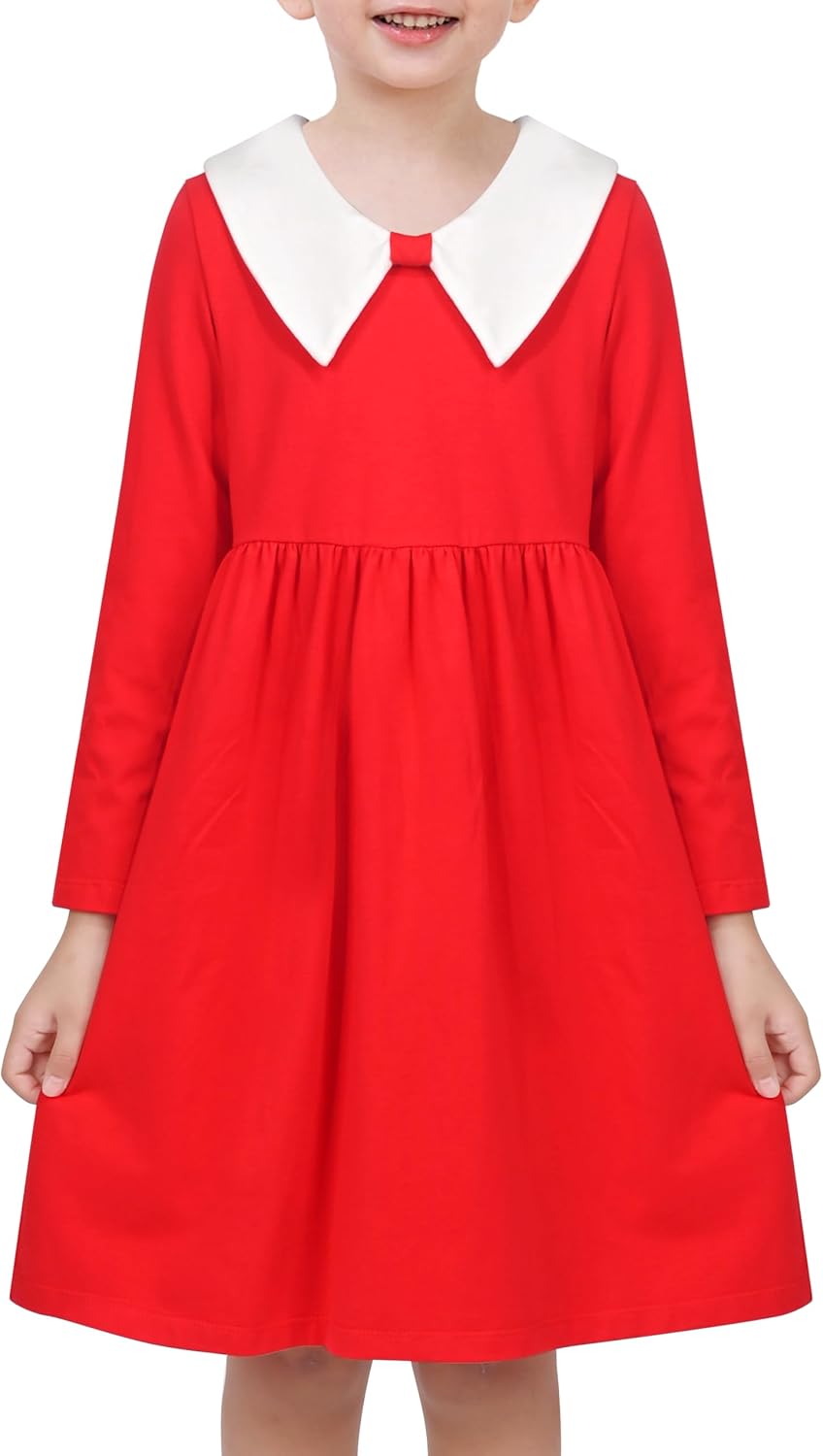 Sunny Fashion Girls Dress White Collar Long Sleeve Daily Cozy Cotton Casual Dress Size 5-10