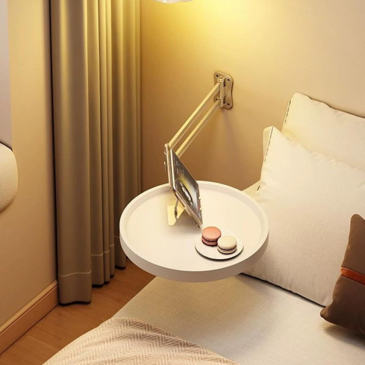 Tavolino Rotondo Pieghevole Da Parete, Tavolino Girevole Salvaspazio Con Braccio Regolabile, Tavolino Laterale Pieghevole Da Appendere Per Piccoli Spazi, Camera Da Letto, Soggiorno(White)
