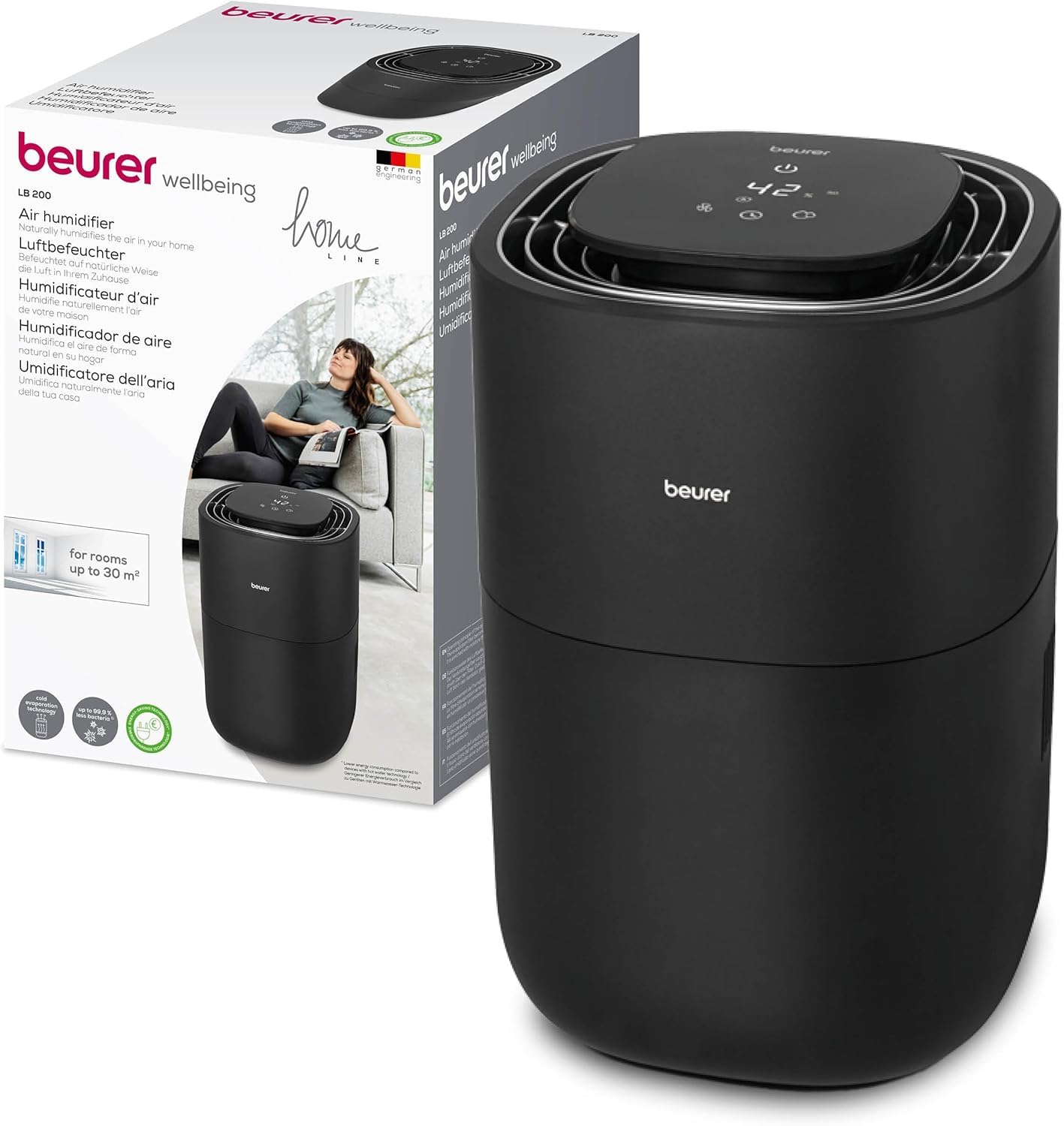 BEURER Umidificatore LB 200 Tecnologia di Evaporazione a Freddo in 3 Livelli ad Alta Efficienza Energetica, Umidificazione Igienica dell'Aria, Asciugatura del Filtro, per Ambienti fino a Circa 30 m²