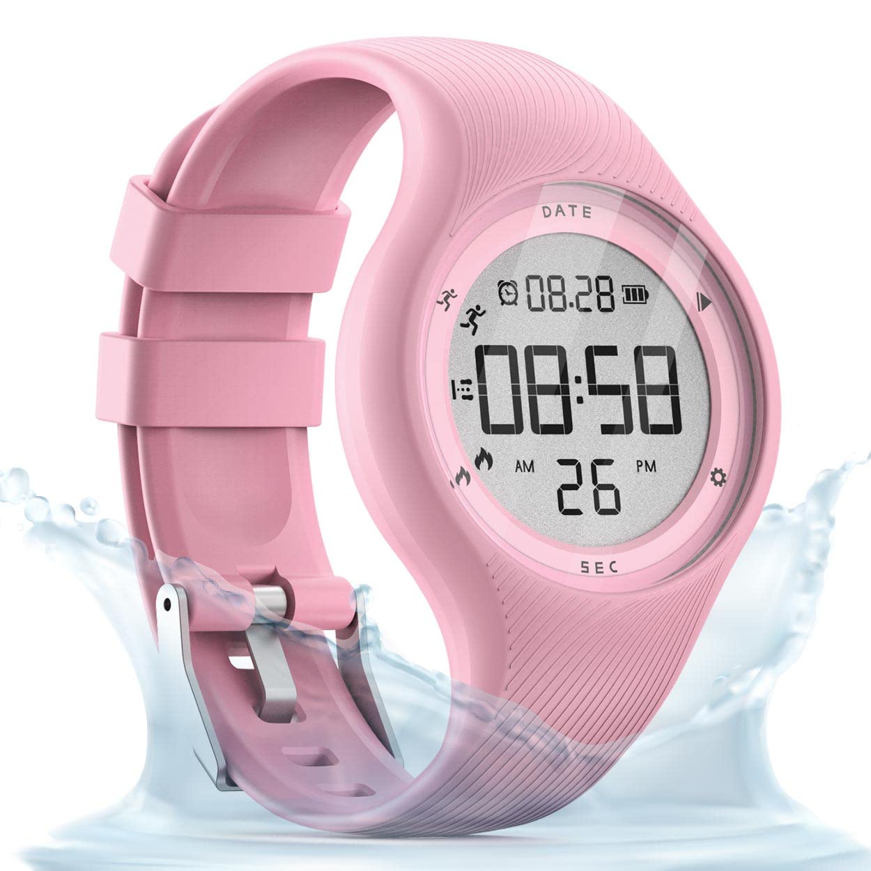 synweeKids Digital Pedometer Watch, Step Counting Watch, IP68 Waterproof, Date/Alarm Clock/Timer, for Children Teens Boys Girls Women (Pink)