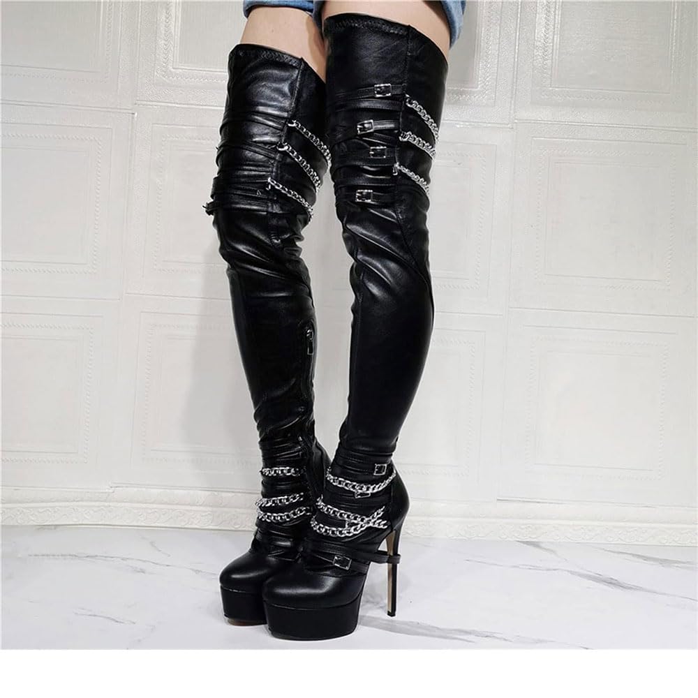 Damskie elastyczne buty do ud, modne punkowe wzornictwo łańcuszka, szpilki, buty za kolana, , wysokie obcasy, seksowne buty do klubu, do tańca na biegunach, sznurowane/czarne, rozmiar 42