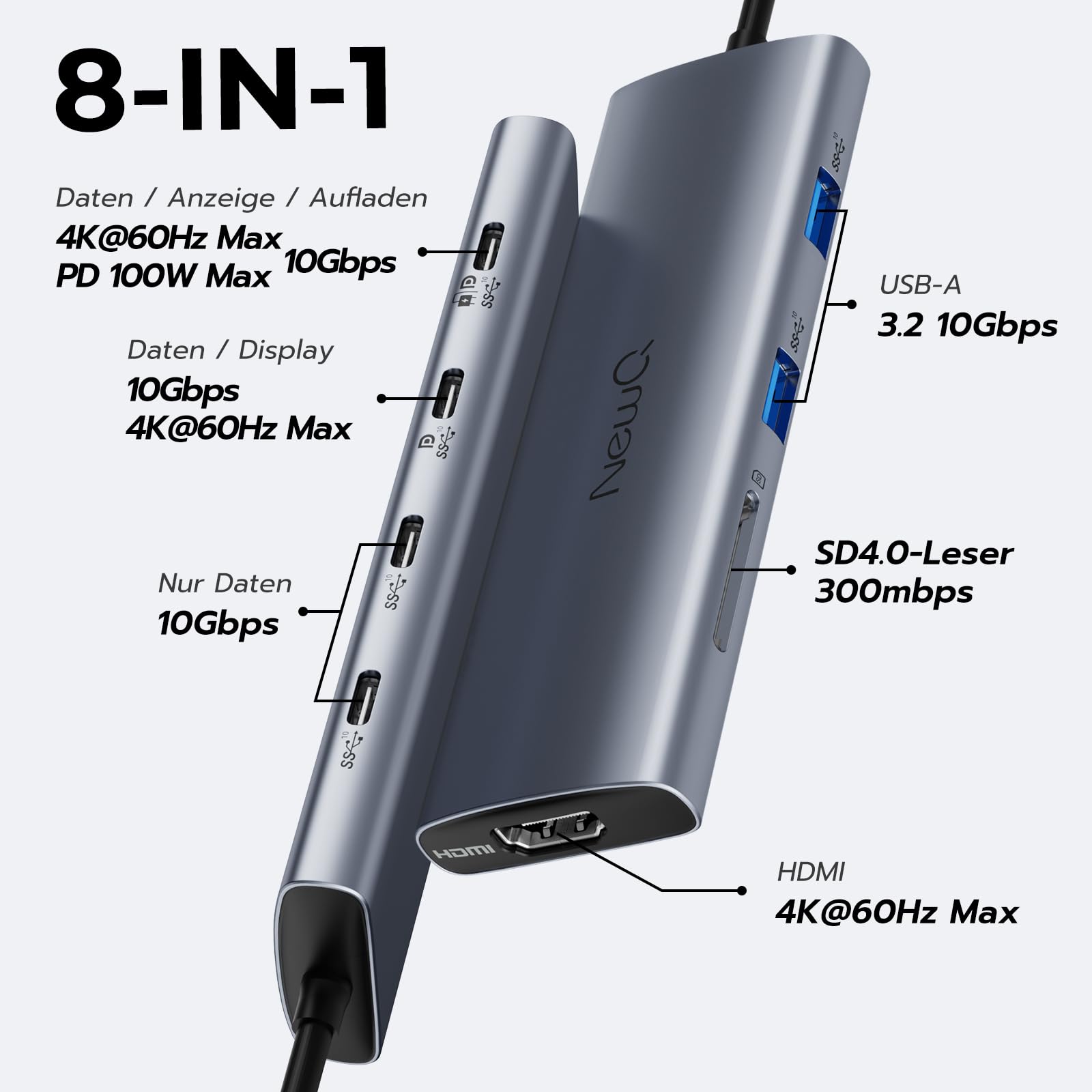 USB C Video Hub mit Dual/Triple Monitor Support, 4K@30-60Hz HDMI, 100W PD, 6X USB 10 Gbit/s, SD4.0, Typ-C Dockingstation für Windows/Chrome OS, mit USBC-Videokabel