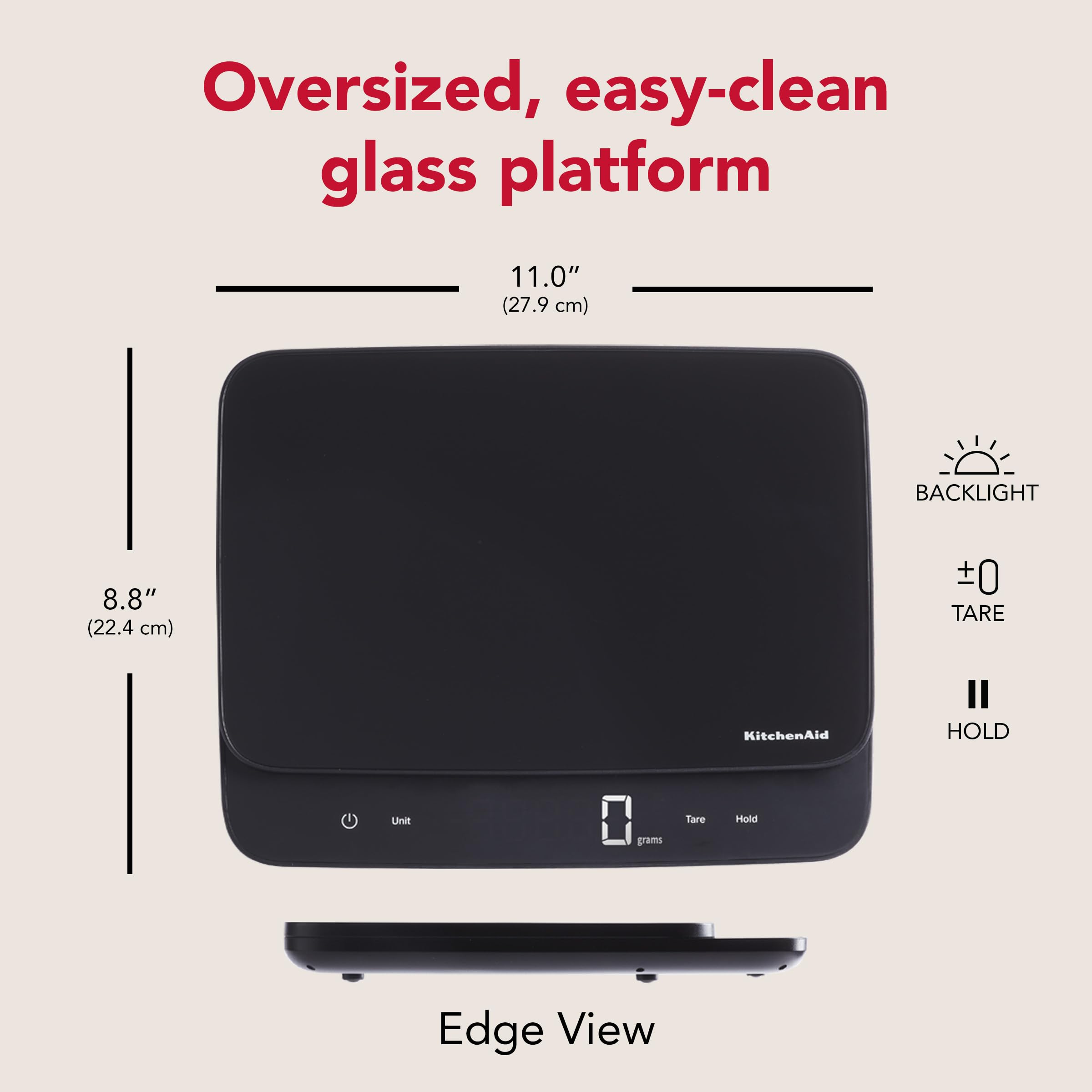 KitchenAid KQ917 - Báscula digital de cocina y alimentos con superficie de vidrio de alta capacidad, capacidad de 30 libras y precisión, gramos, onzas, libras, onzas líquidas y mililitros, LED