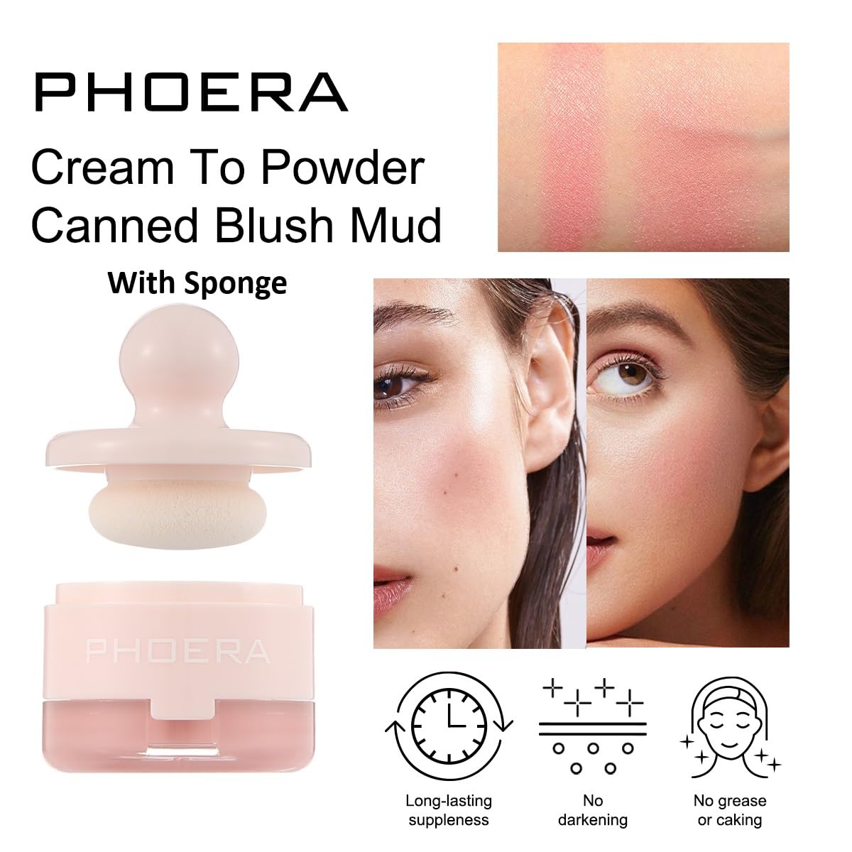 PHOERA Cream To Powder Canned Blush Mud, Lightweight Longwear Cheek Blush with Puff & Mirror, Matte & Shimmer Finish - Image 2