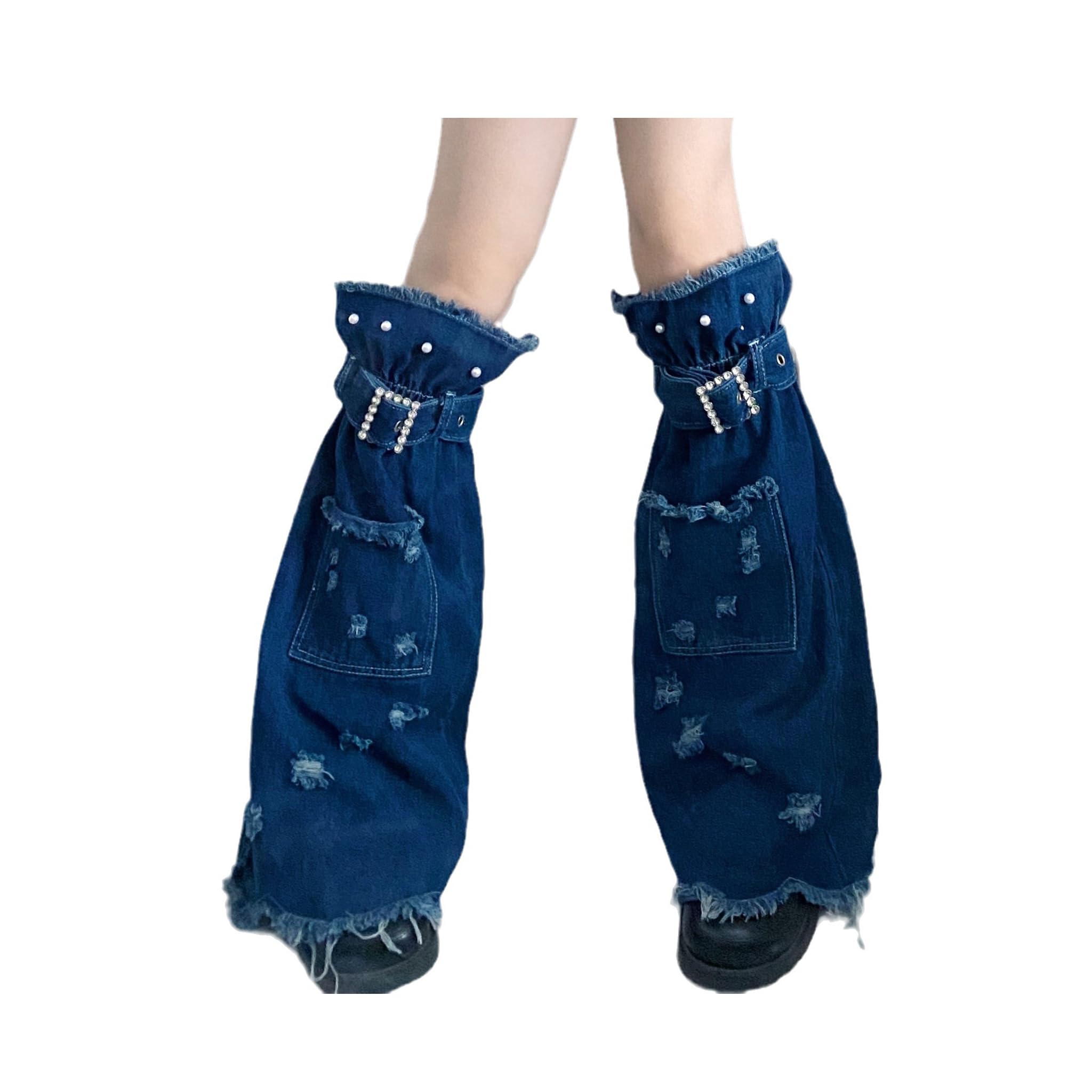 1 Pair Women Y2K Denim Leg Warmers - Punk Flared with Pearl Decor Adjustable Strap for Daily Boot