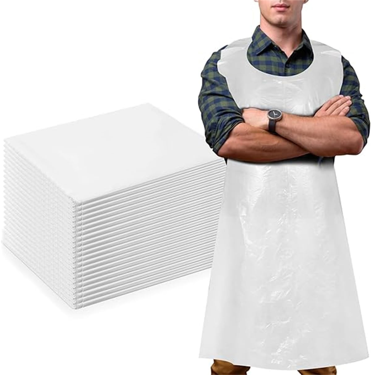 Disposable Aprons, Bulk Plastic Disposable Aprons 28 x 47 Inches, Heavyweight White Plastic Poly Apron for Adult Painting Crafts, Arts, Cooking, Commercial or Household Use, 100 Pcs