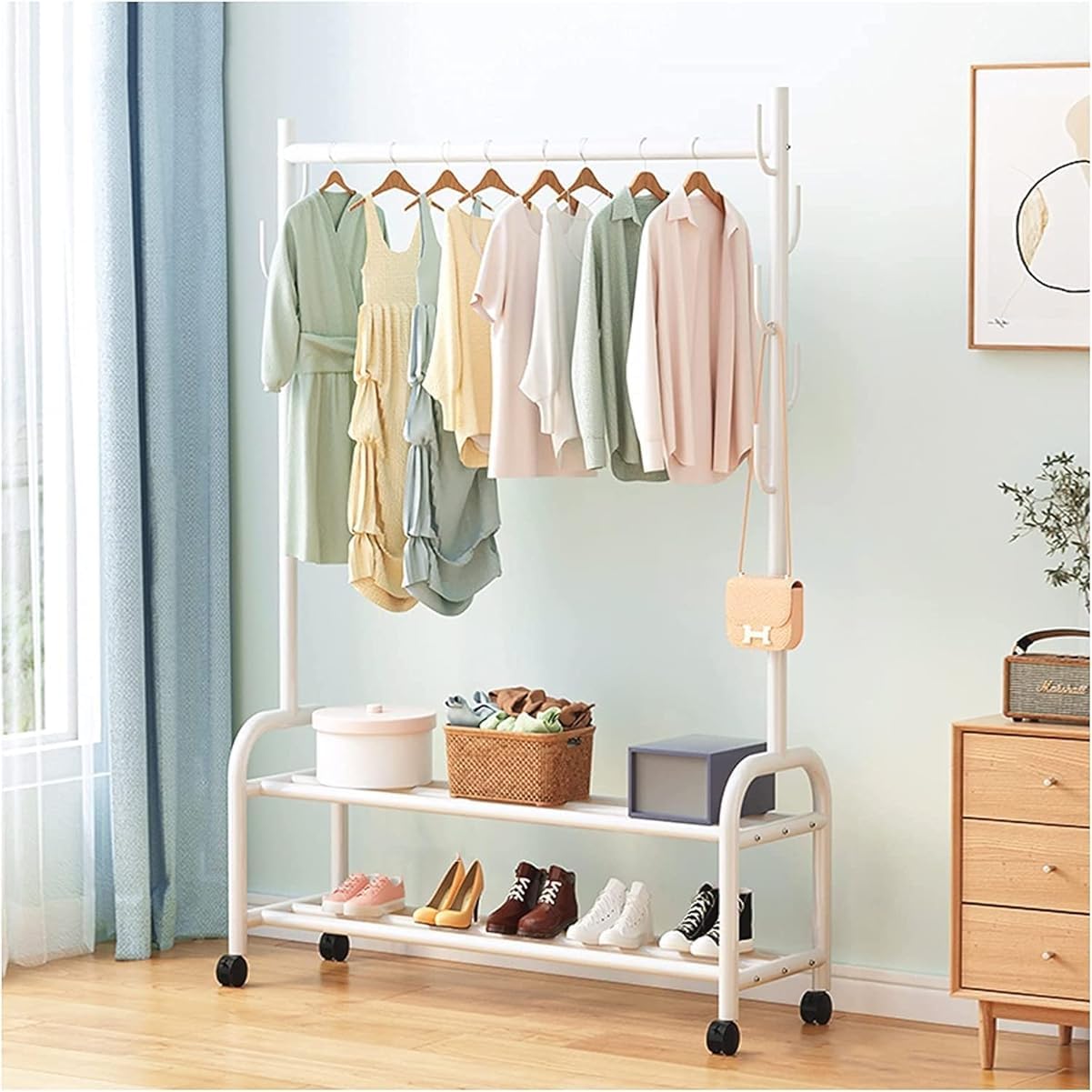 MYUYEE Gold Clothes Rack, Coat Rack With Wheels, Coat Rack With Clothes Rail And 7 Hooks, For Living Room, Bedroom, Easy Assembly(60Cm White-White)