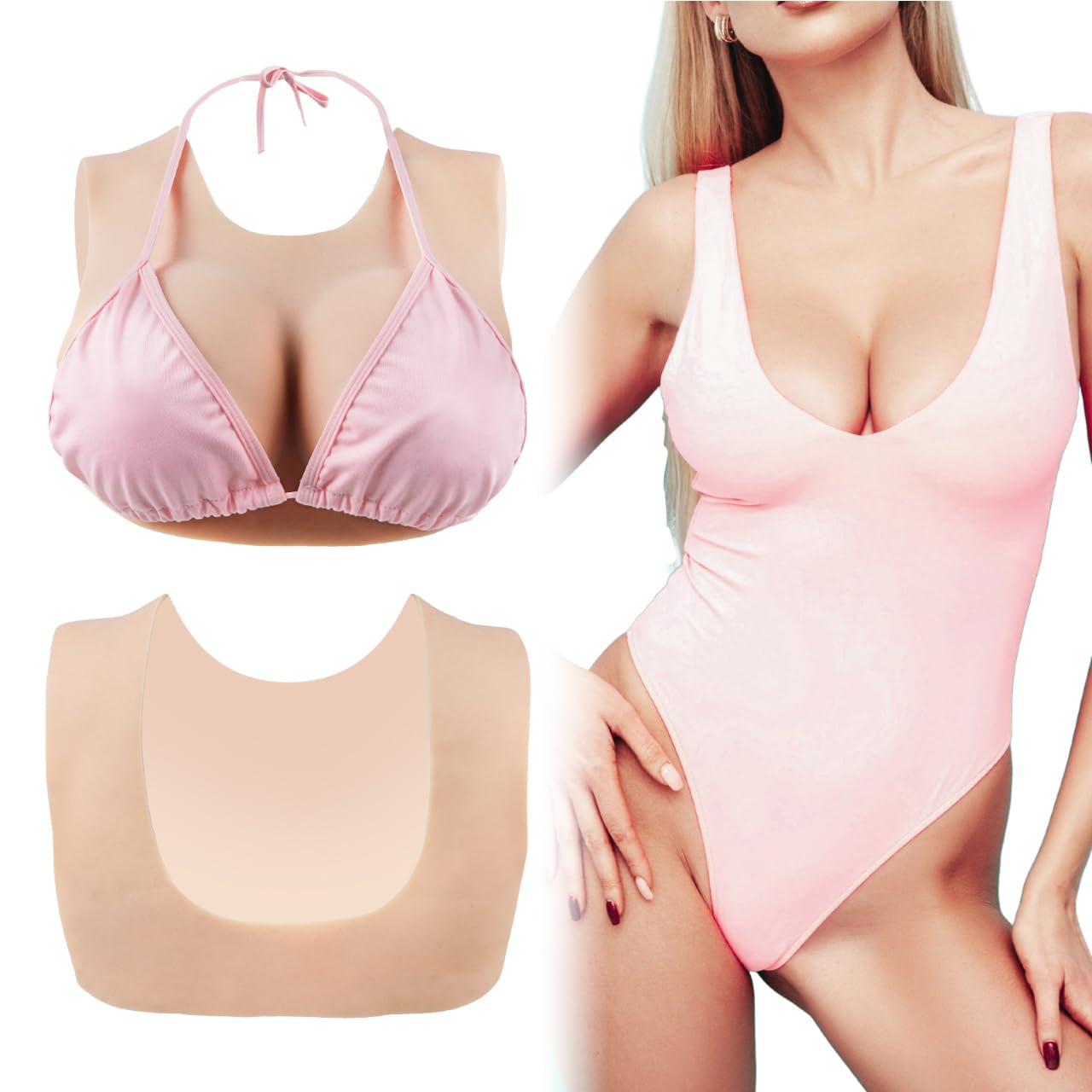 Minaky Faux Seins Silicone Col Rond et Creux Plaques mammaires réalistes pour Cosplay Transgender