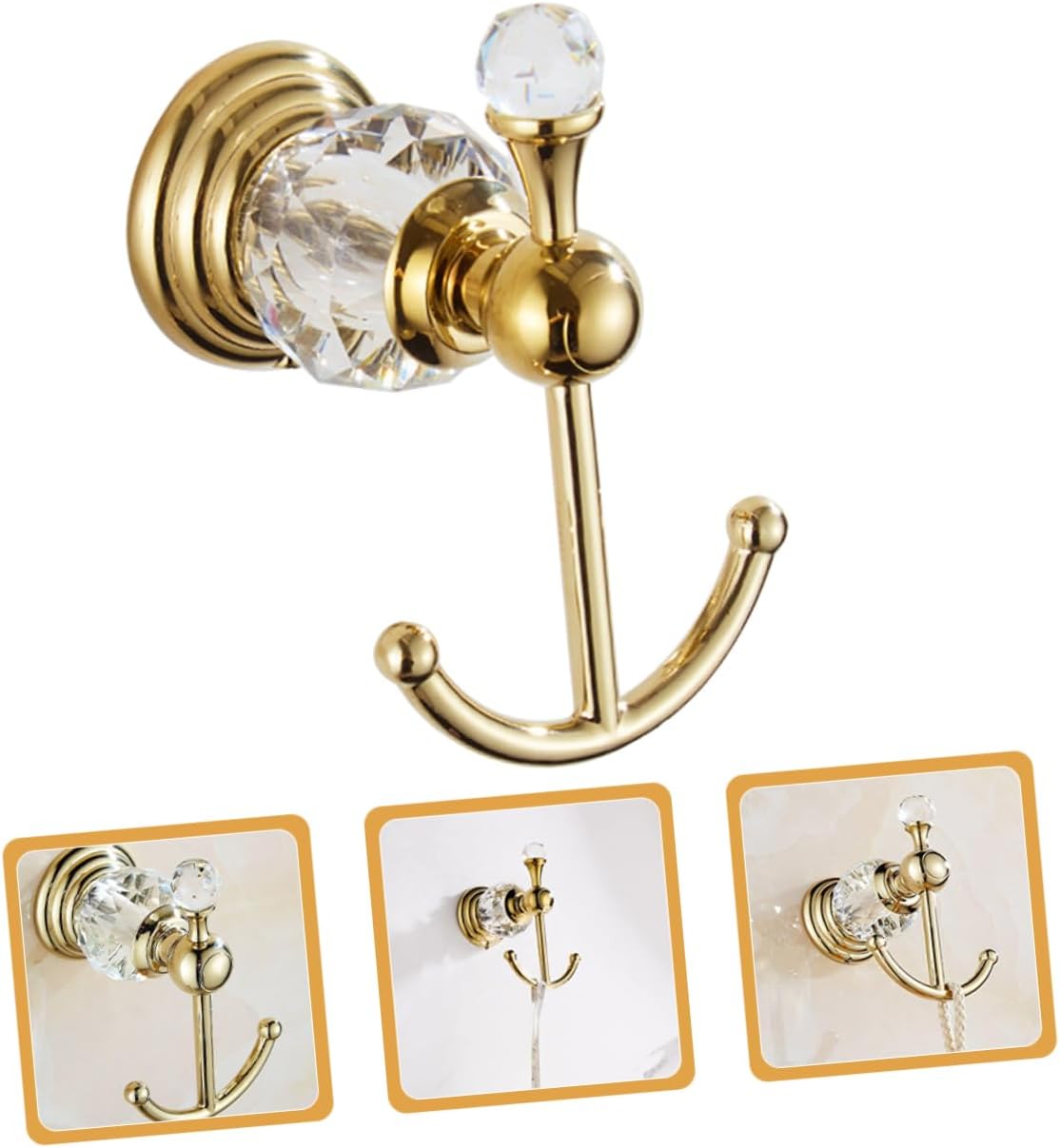 Gold Crystal Hook Wall-Mounted Robe Hook for Bathroom Kitchen and Closet Heavy-Duty Stainless Steel Decorative Design Easy to Install 2-Pack