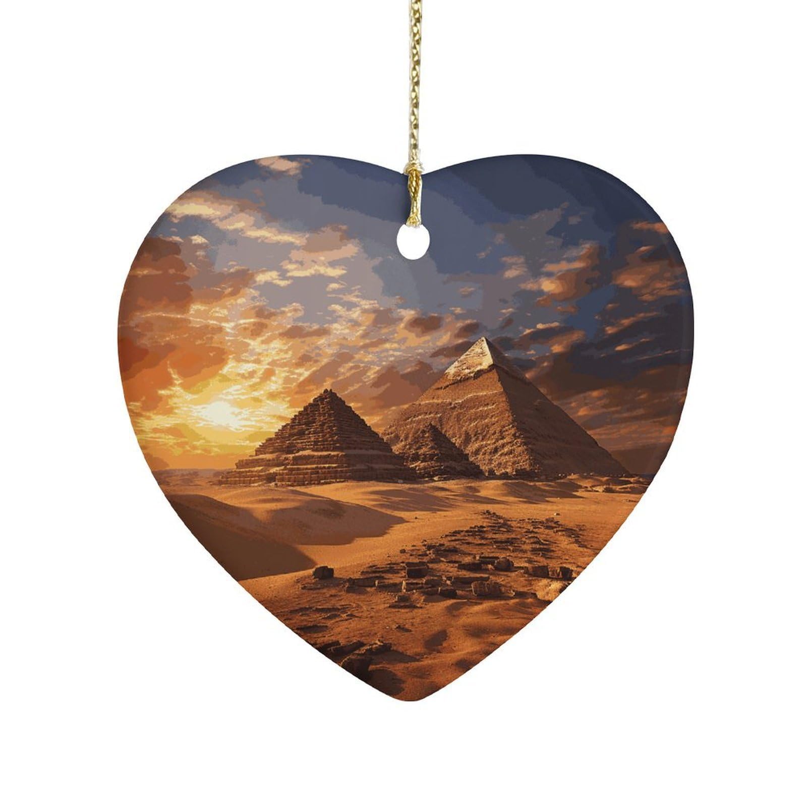 Egyptian Pyramids Heart Ornament Precious Heart-Shaped Pendant Idea Ceramic Ornaments with Gold String Personalized Heart Shaped Decoration for Outdoor Party Love