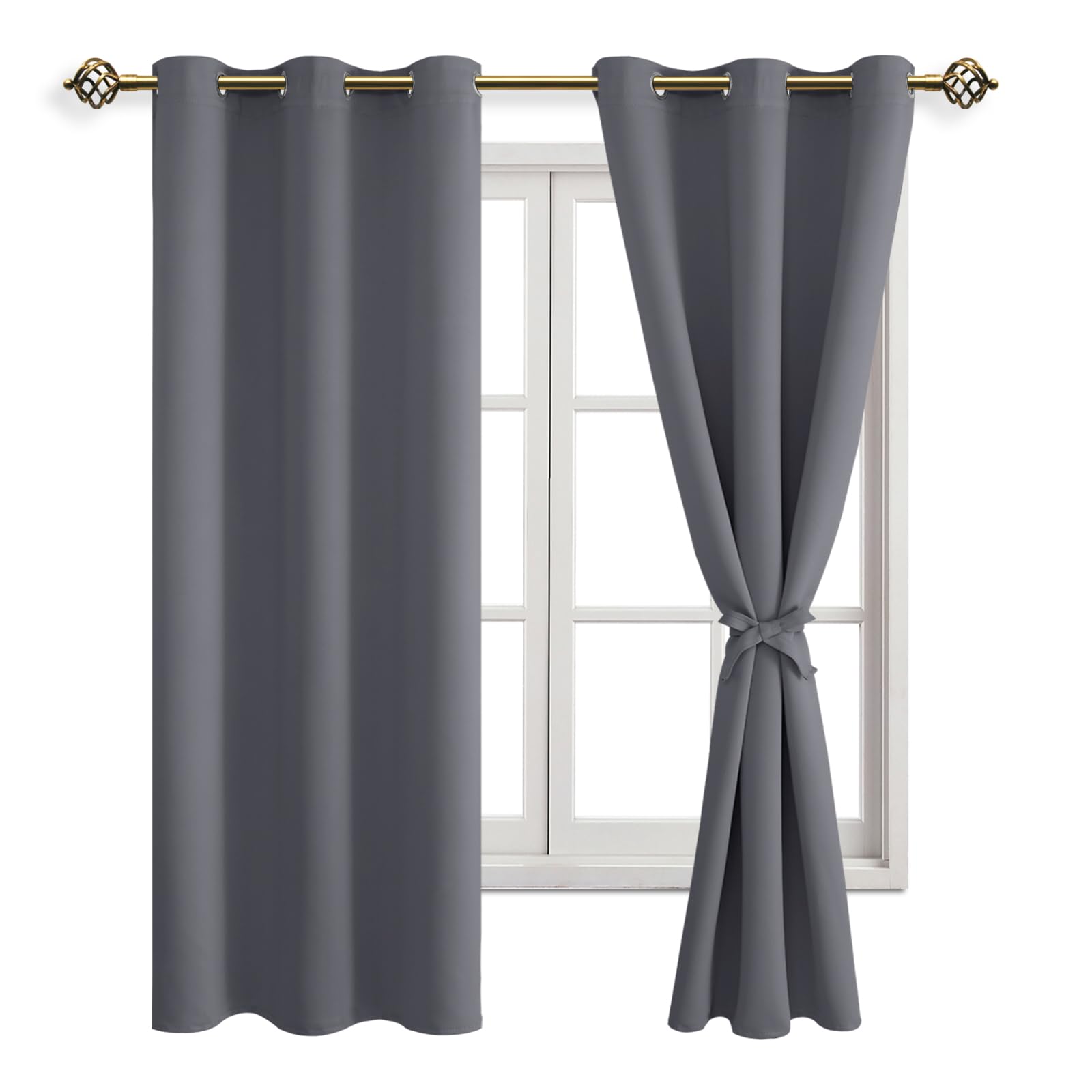 JIUZHEN Verdunklungsvorhänge mit Raffhalter Grau Vorhang Blickdicht Gardinen Kurz Ösenvorhang für Schlafzimmer Thermovorhang Wohnzimmer, 2 Stück, 137x117cm(HxB)