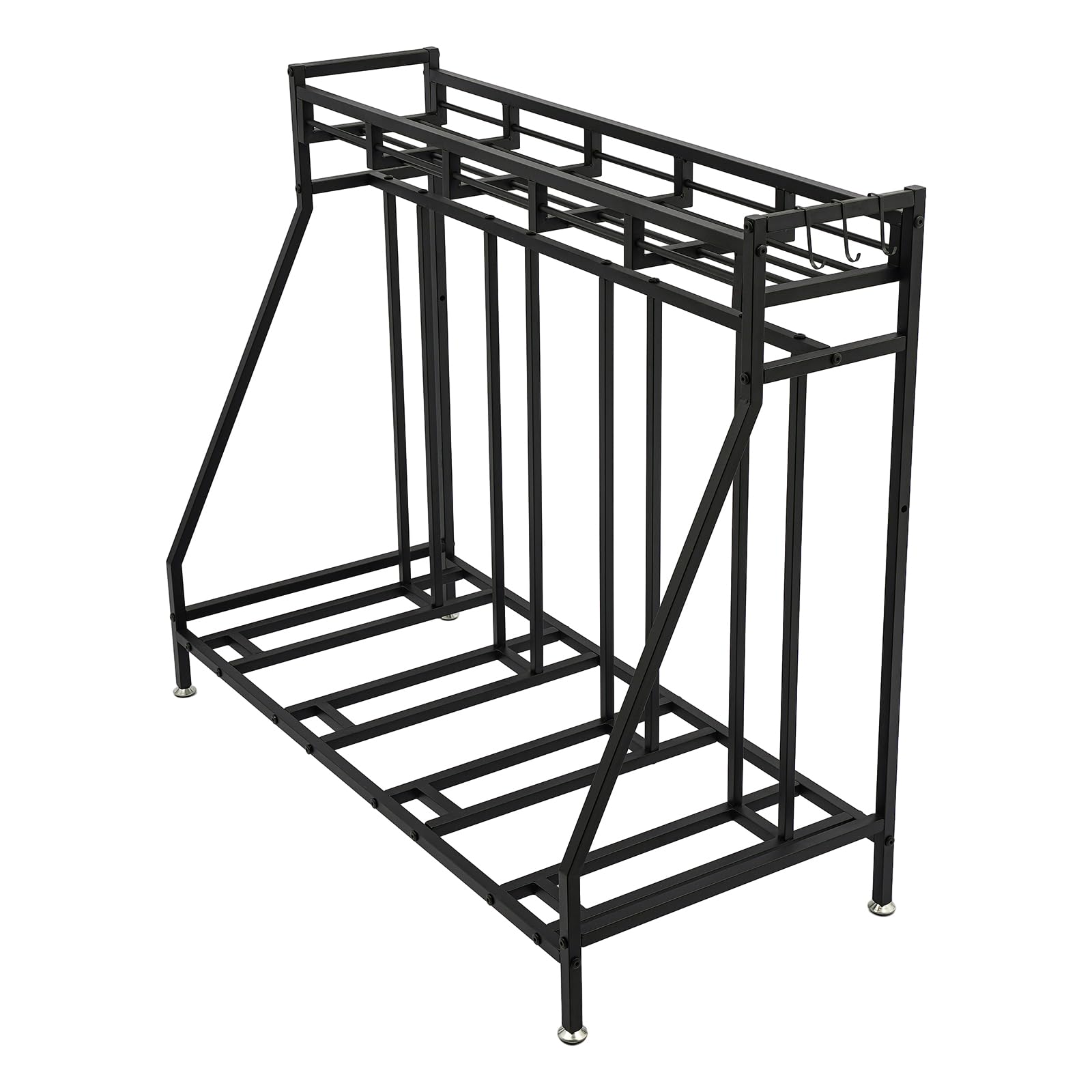 Fahrradständer Boden für 4 Fahrräder, mit Aufbewahrungskorb und 4 Haken, stabiler Metallrahmen, rostfrei und langlebig, platzsparendes Design, 100 kg Tragkraft, für Garage, Keller und Garten