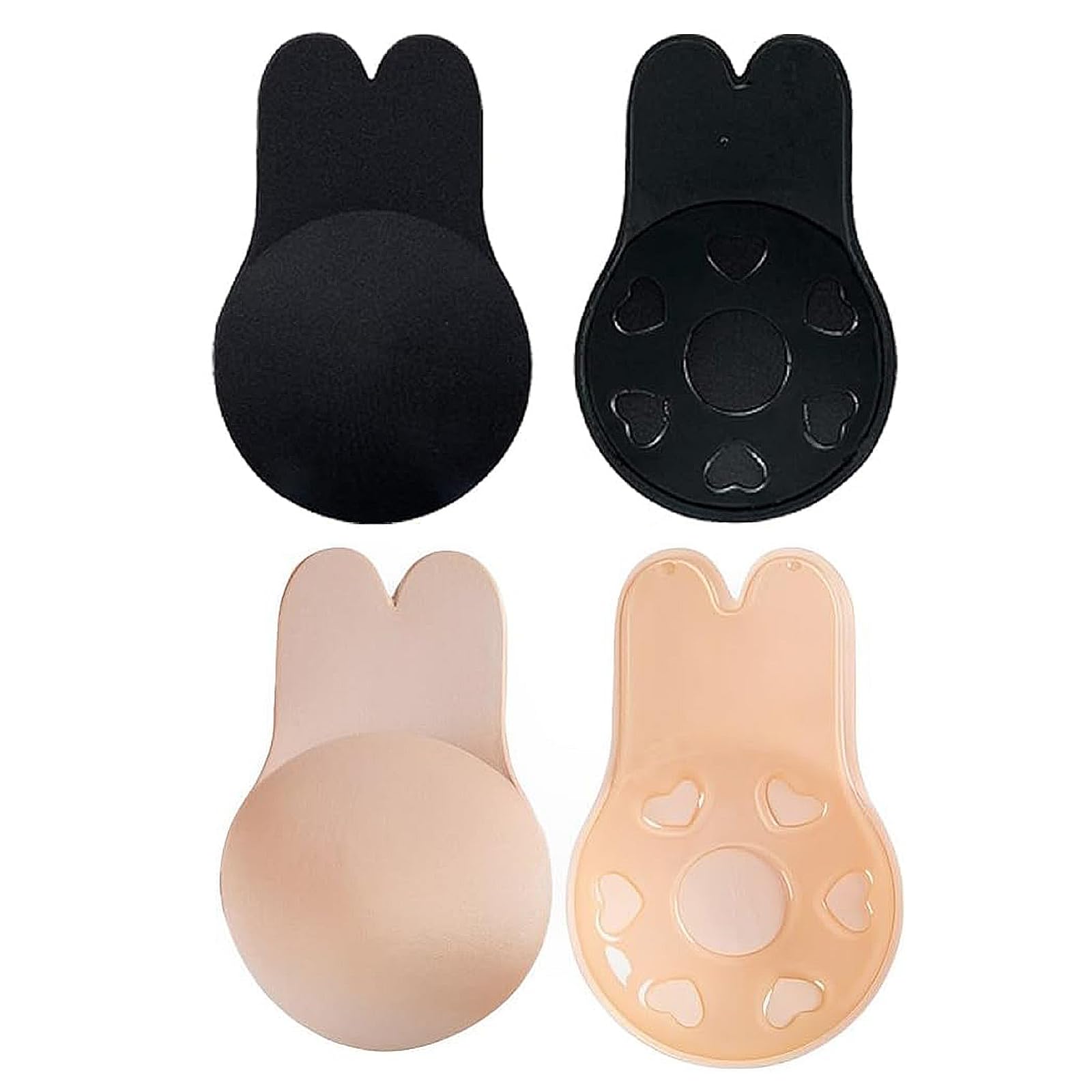 JFGDVW 2 Pairs Breathable Rabbit Ear Lift Pasties, Stick on Bra Cups, Strapless Push up Bras, Invisible Bra, for Women,for Weddings,Party(Black,Nude)