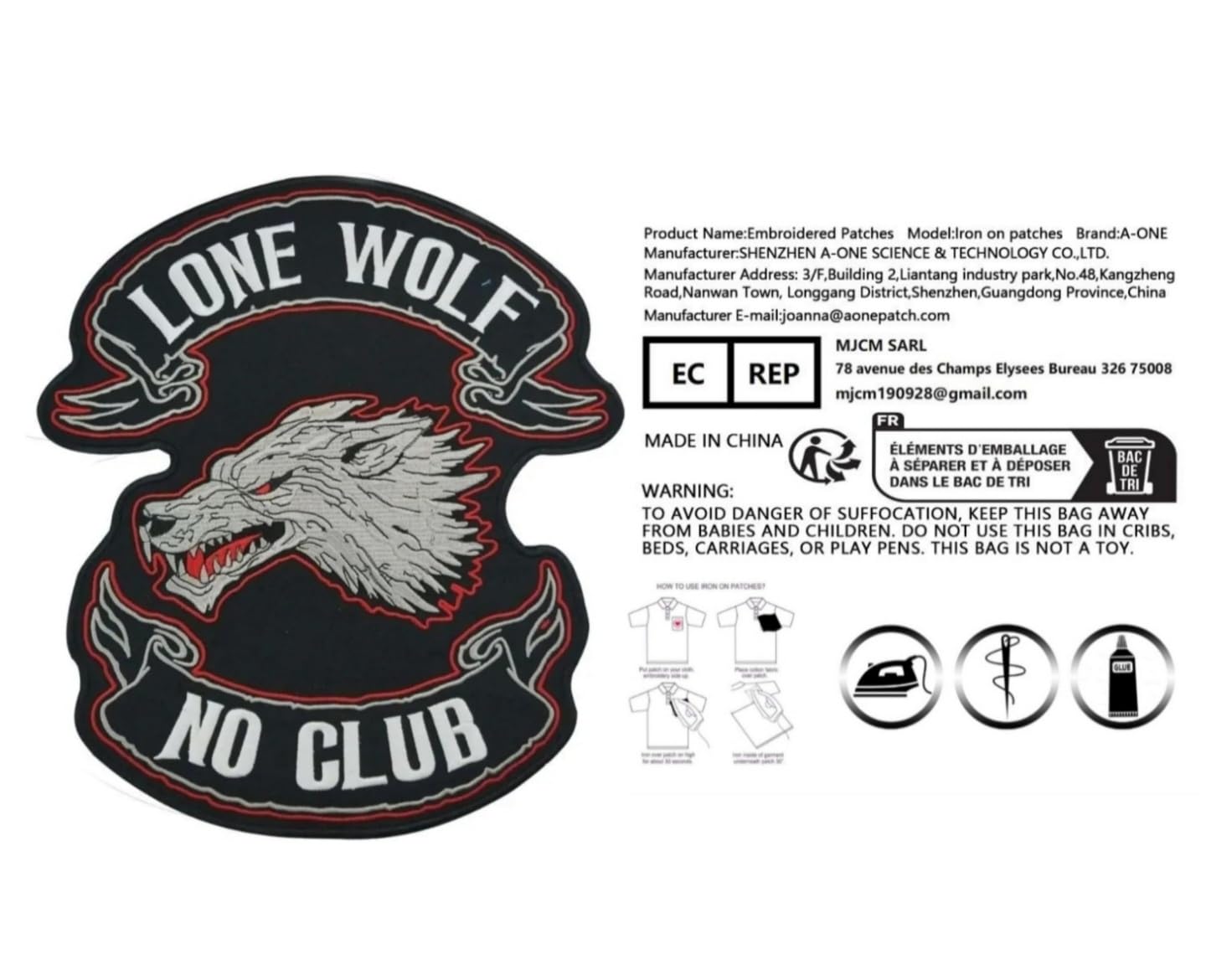 Parche biker XXL Lone Wolf No Club bordado termoadhesivo grande 30 cm para la espalda chaleco moto Kutte Rocker Chopper Iron On - Big Patch - para decorar, hacer tú mismo