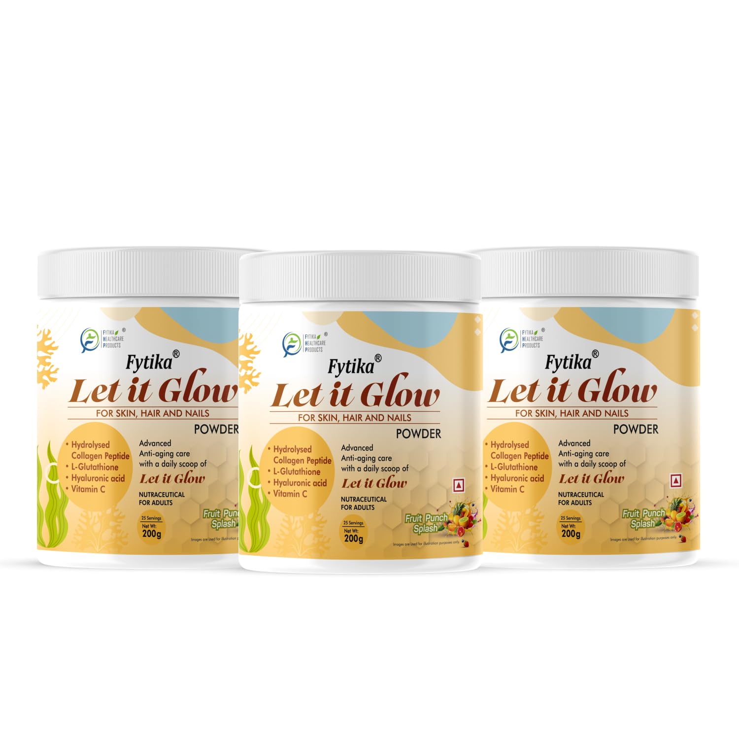 FYTIKA HEALTHCARE PRODUCTS Let It Glow Marine Collagen Supplement for Men & Women|L- Glutathione,Vitamin C,Sesbania Agati Extract|(Fruit Punch Splash,Pack of 3),powder,3 count,25 Servings