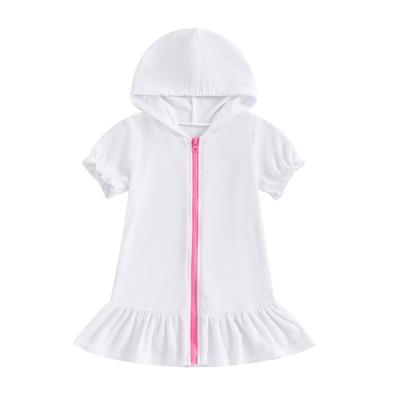 Gaono Toddler Baby Girl Swimsuit Cover Up Short Sleeve Ruffled Zipper Hooded Beach Bathing Suit Towel Kids Pool Robe Dress (White, 5-6 Years)