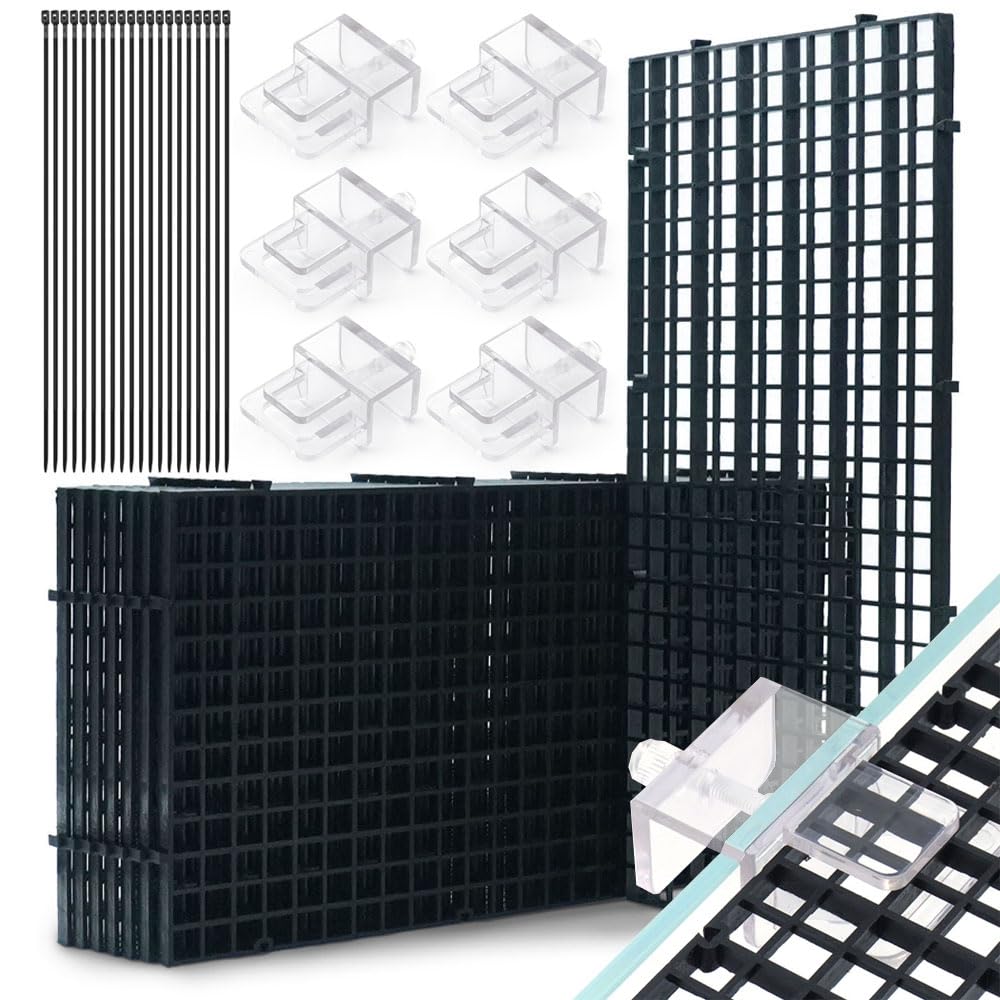 LINLAN Fish Tank Anti-Jump Set, Aquarium Lid, 8 Pieces 5.9x11.8in/15x30cm Plastic Grid with 6 Brackets and 20 Cable Ties