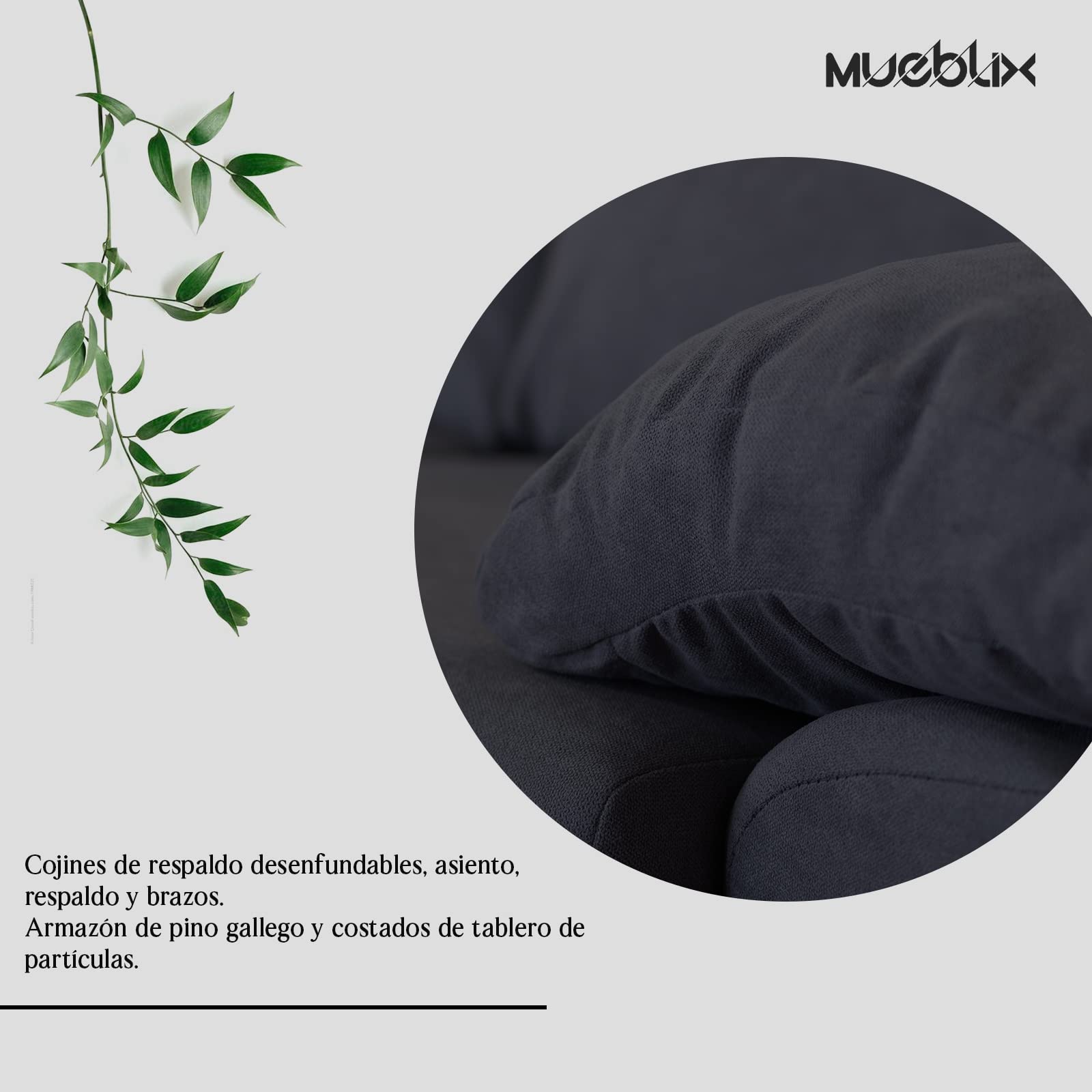 MUEBLIX.COM | Sofa Marcos, 3 Plazas, Diseño para Salón Moderno, Confortable, Armazón de Pino Gallego, Asientos de Goma Espuma, Antracita