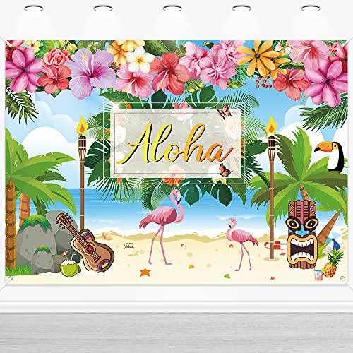 Toile de fond hawaïenne Aloha pour anniversaire avec bannière Tiki et fleurs