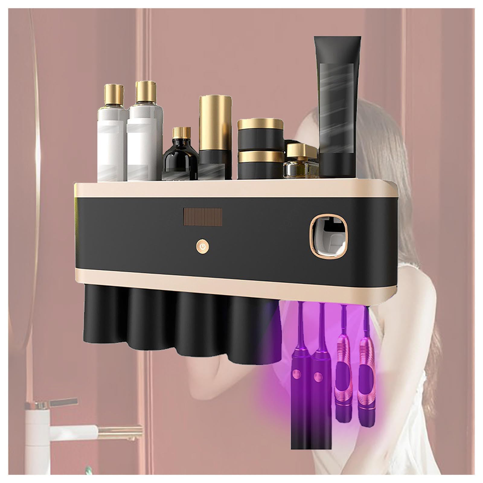 Soporte Cepillo De Dientes Inteligente Limpieza Profunda con UV, Toothbrush Holder Montado En La Pared con Múltiples Ranuras De Carga Solar USB, Porta Cepillo De Dientes Pared,4-Cups